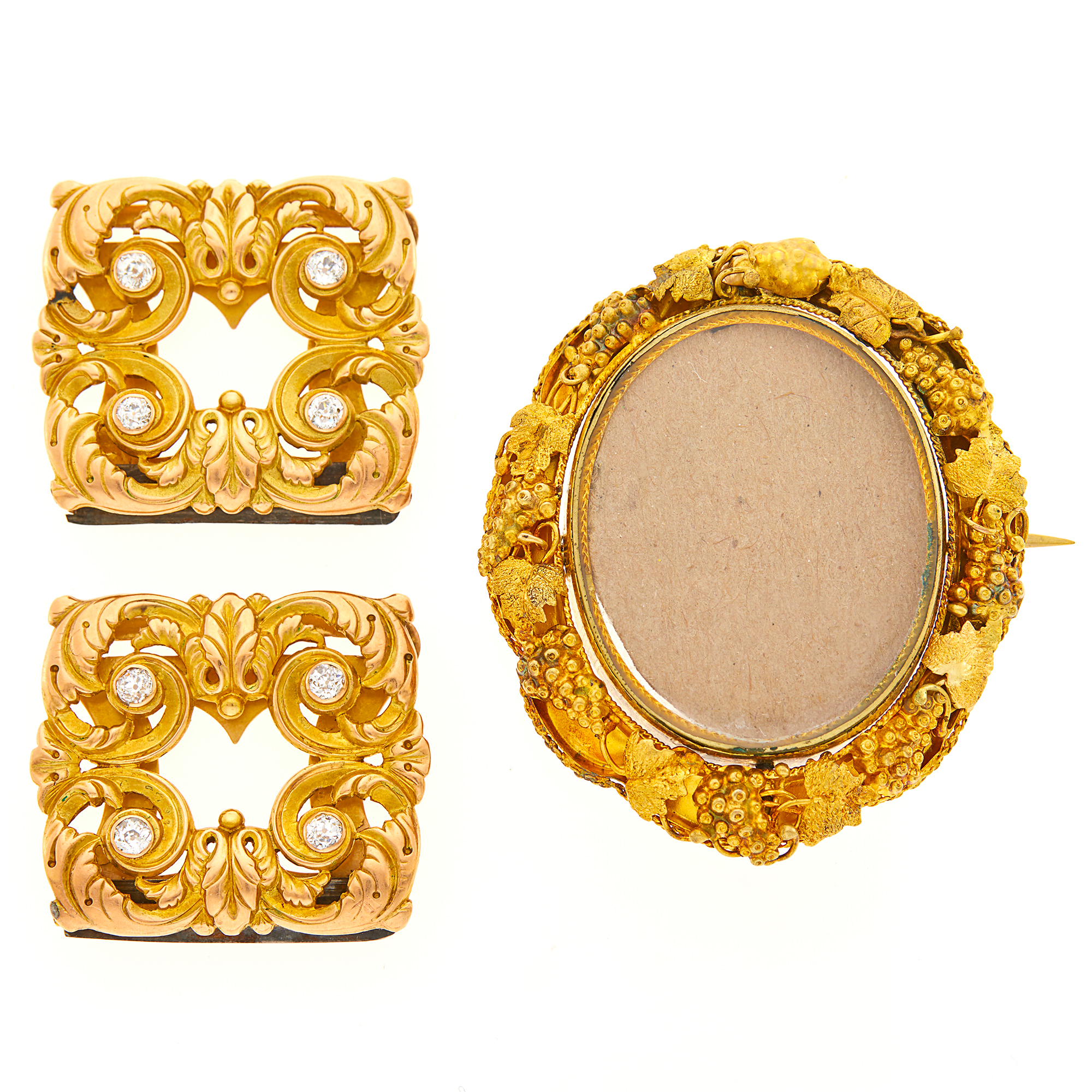 Lot image - Pair of Antique Gold and Diamond Clips and Portrait Pendant-Brooch