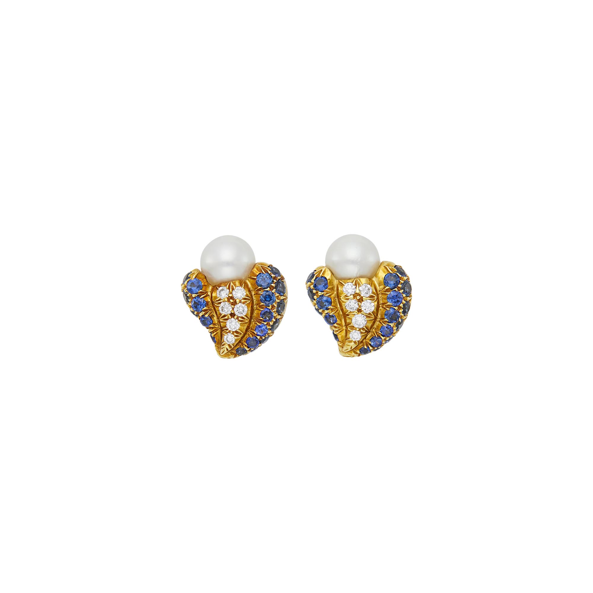 Lot image - Asprey Pair of Gold, Cultured Pearl, Diamond and Sapphire Earclips