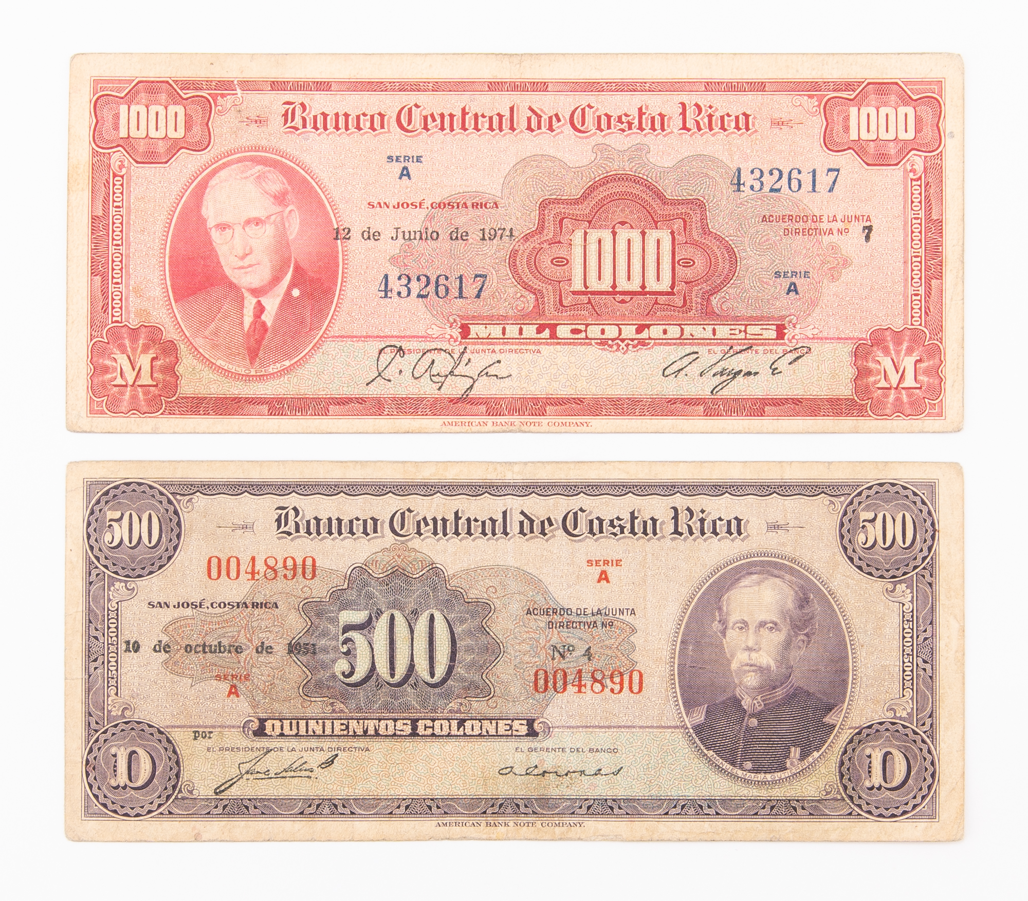 Lot image - Costa Rica, Banco Central 1951 Issue of 500 and 1000 Colones Pick# 225, 226