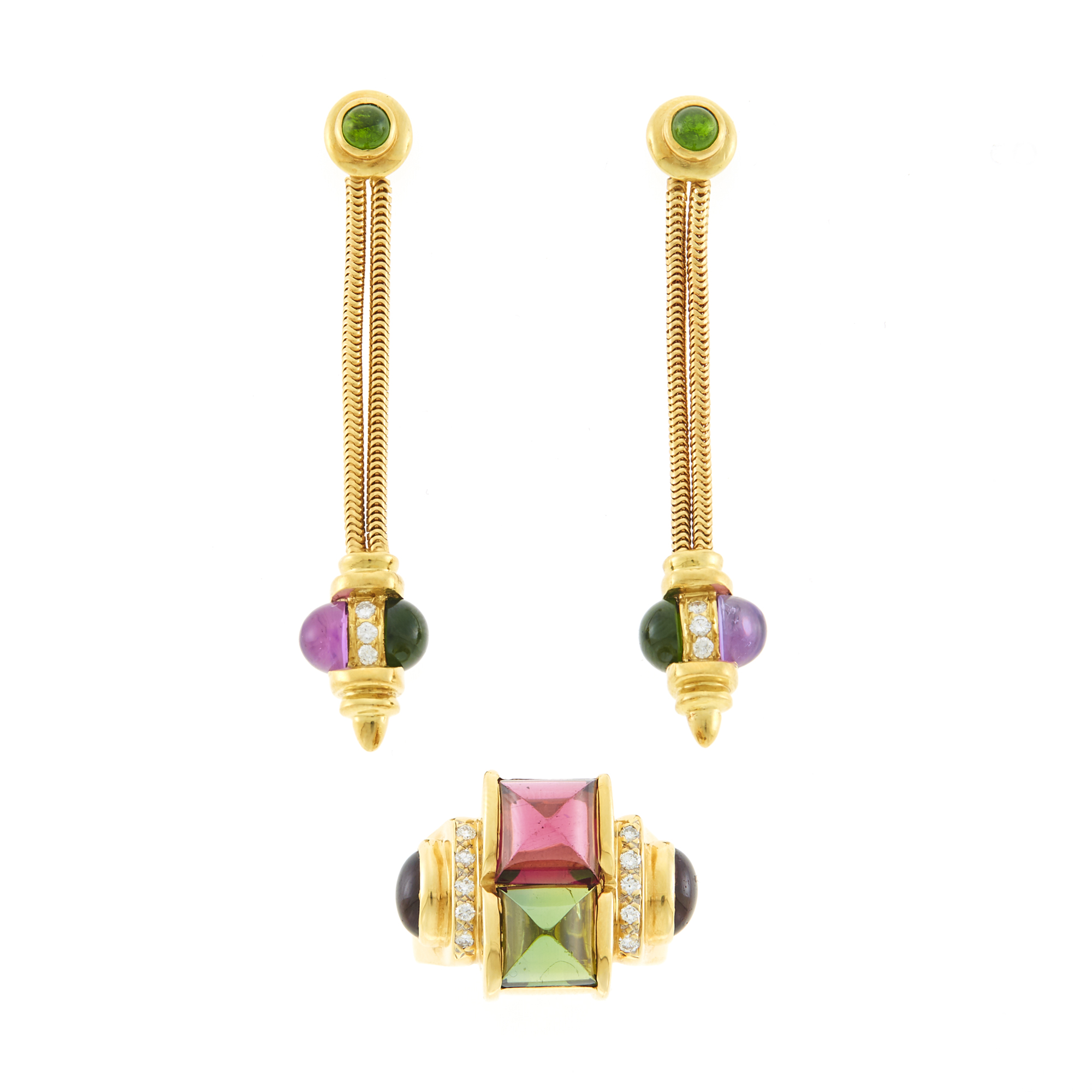 Lot image - Chris Correia Gold, Pink and Green Tourmaline and Diamond Ring and Pair of Cabochon Tourmaline and Amethyst Pendant-Earrings