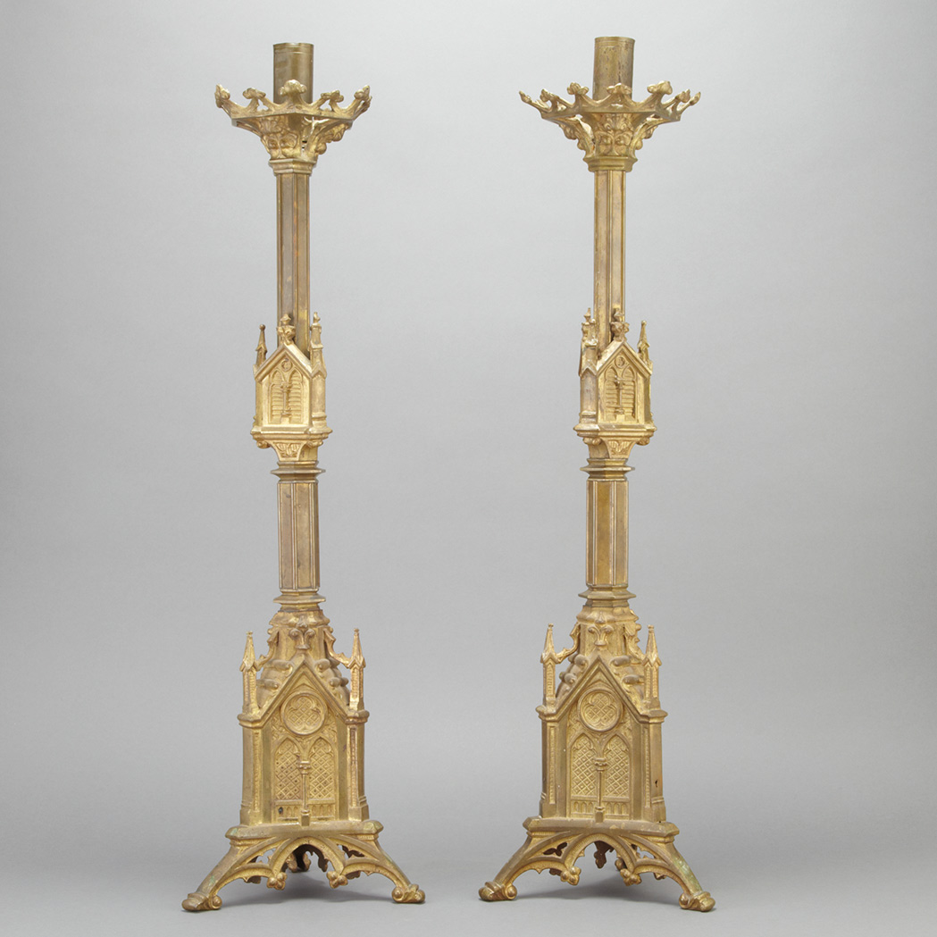 Lot image - Pair of Gothic Revival Gilt-Metal Candlesticks