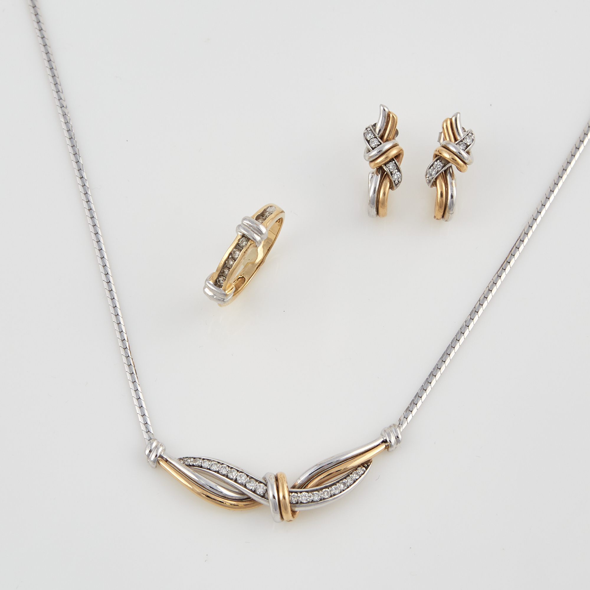 Lot image - Diamond Ring, Necklace and Two Earrings, 14K 13 dwt.