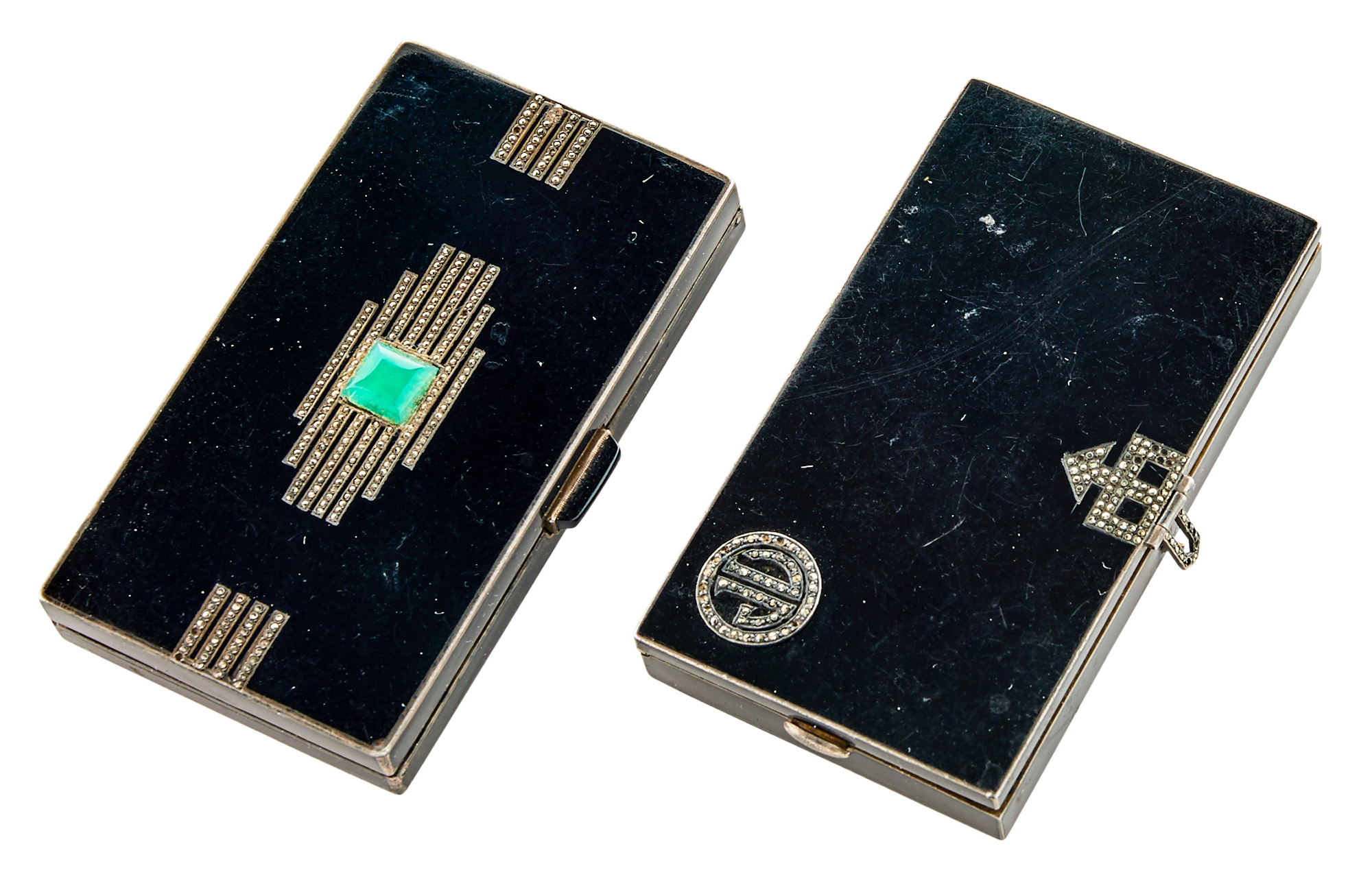 Lot image - French Silver, Enamel, Marcasite and Green Onyx Compact