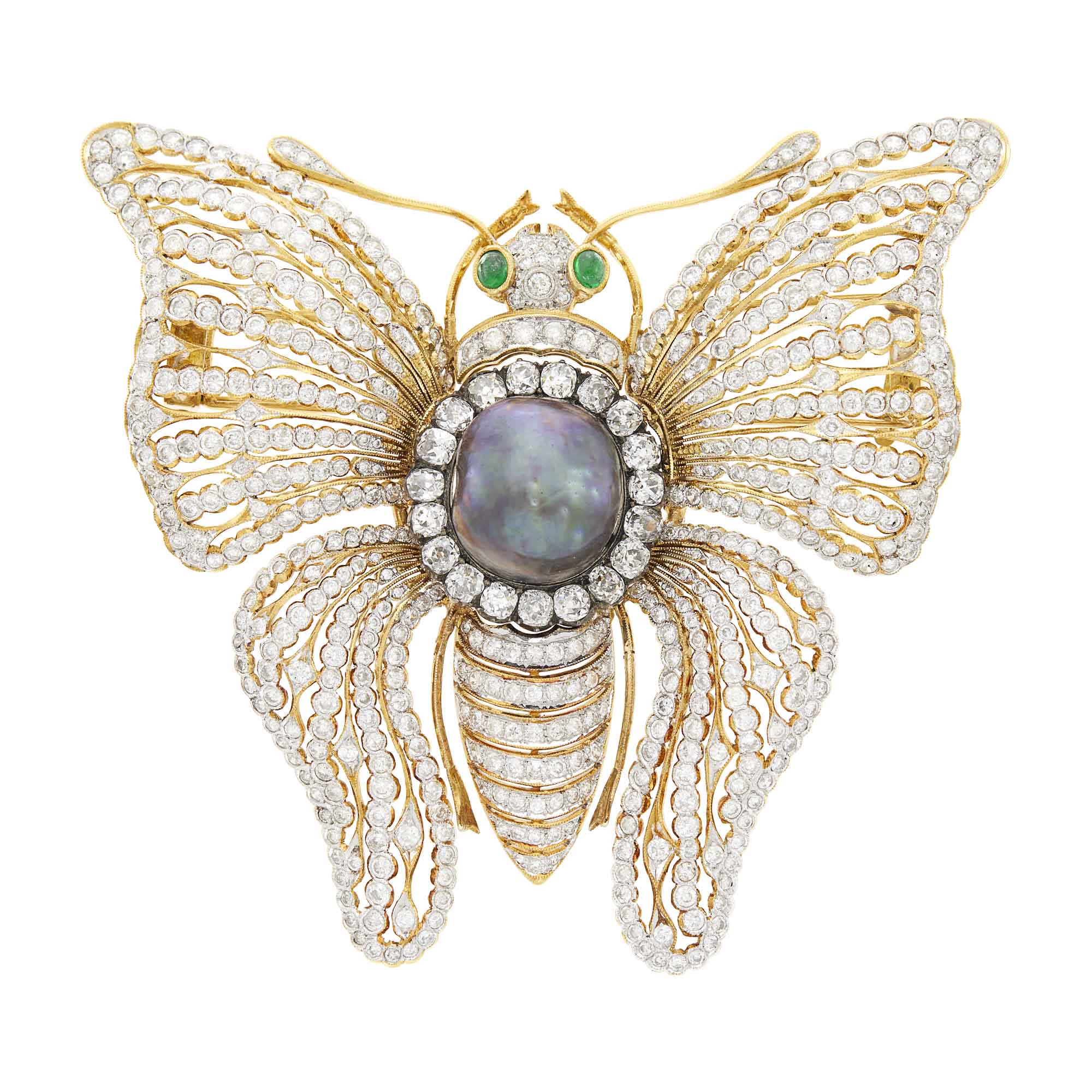 Lot image - Gold, Silver, Semi-Baroque Gray Pearl, Diamond and Cabochon Emerald Butterfly Clip-Brooch