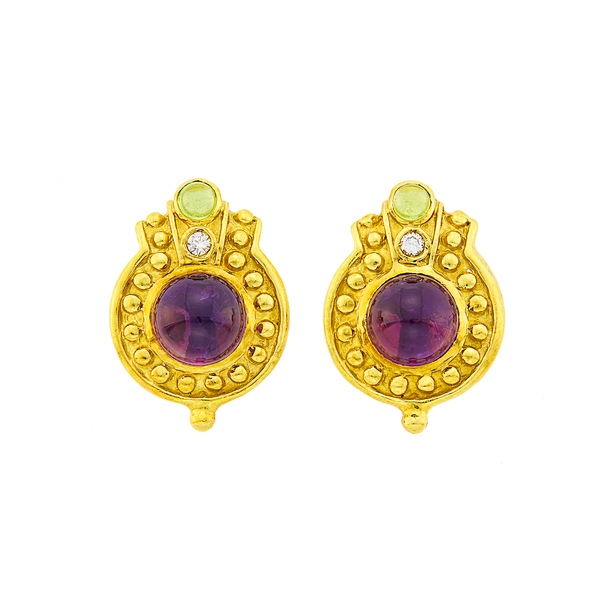 Lot image - Pair of Gold, Cabochon Amethyst and Peridot and Diamond Earclips