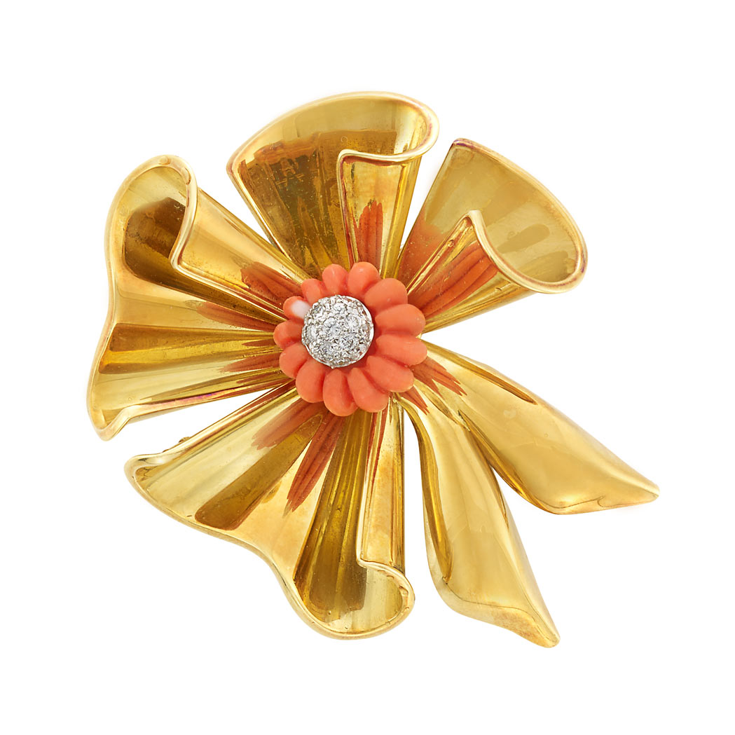 Lot image - Two-Color Gold, Carved Coral and Diamond Bow Brooch