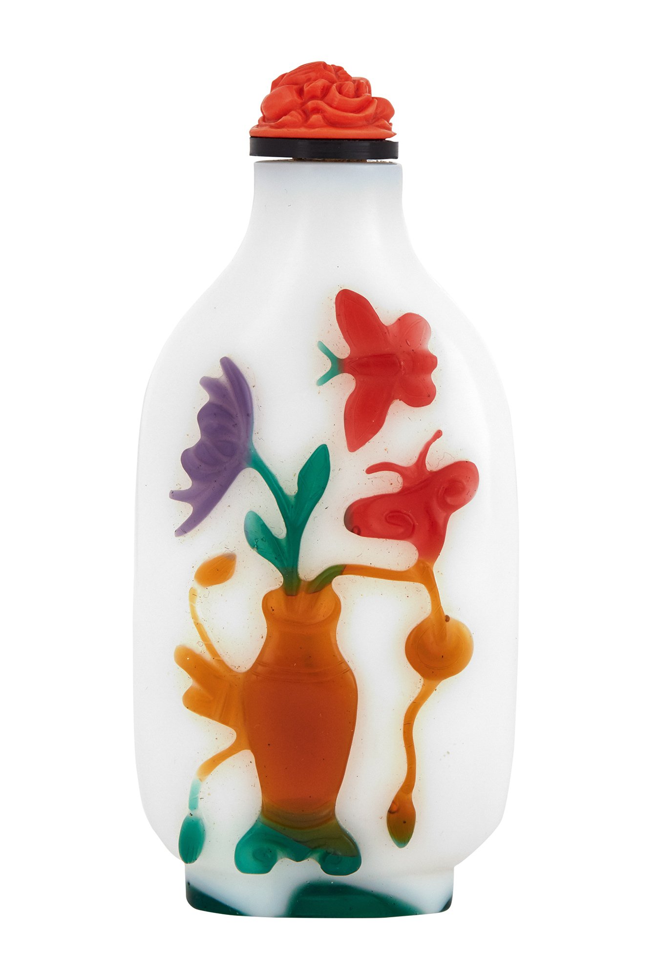 Lot image - Chinese Multi-Color Overlay White Glass Snuff Bottle