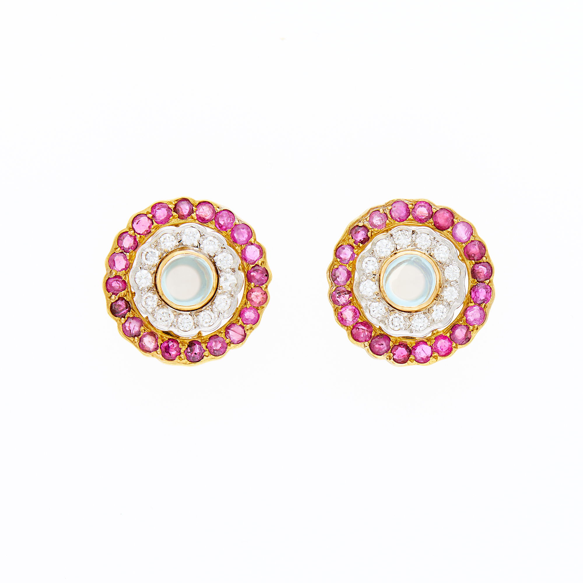 Lot image - Moba Pair of Two-Color Gold, Moonstone, Diamond and Ruby Earclips