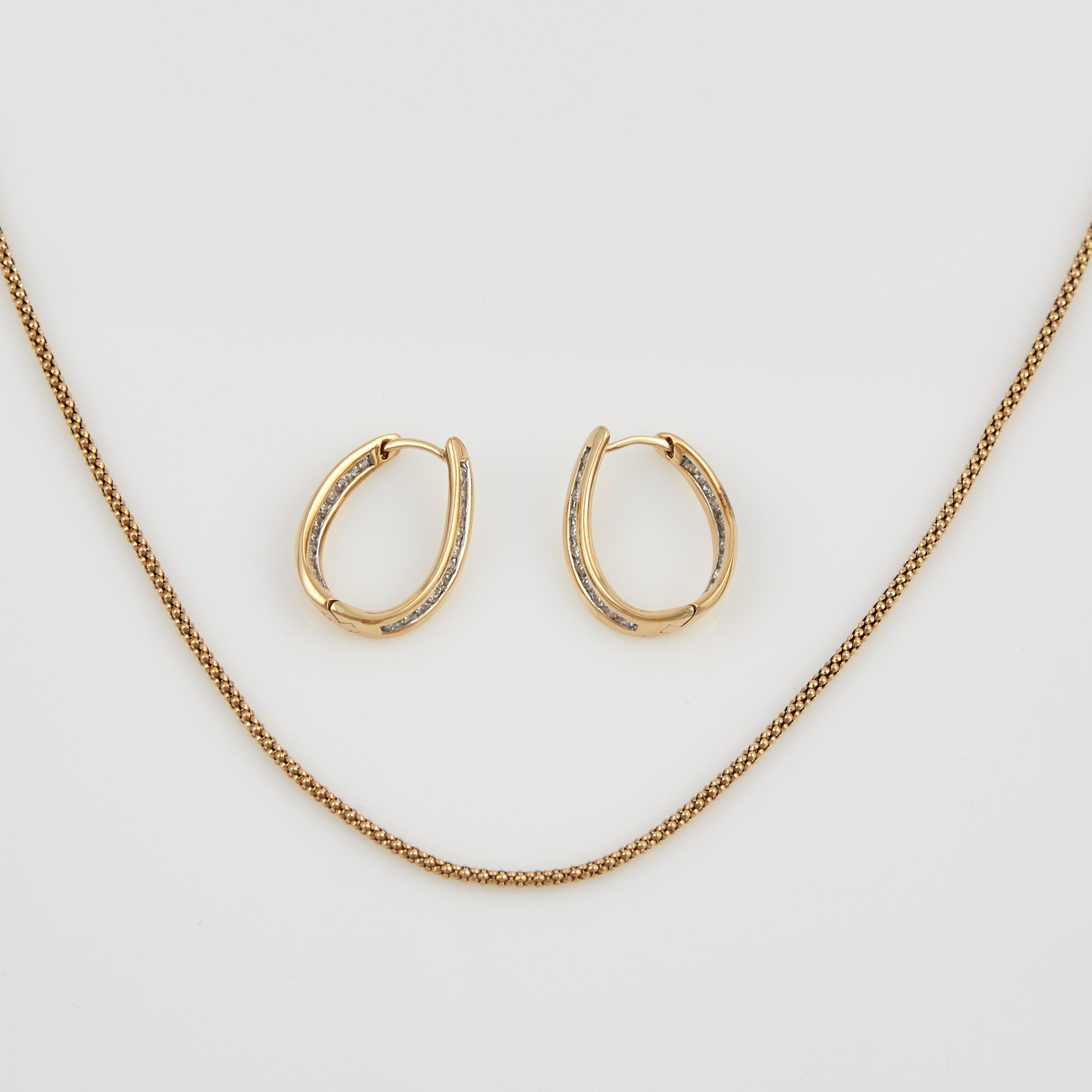 Lot image - Two Diamond Earrings and Gold Neck Chain, 14K 5 dwt., damaged