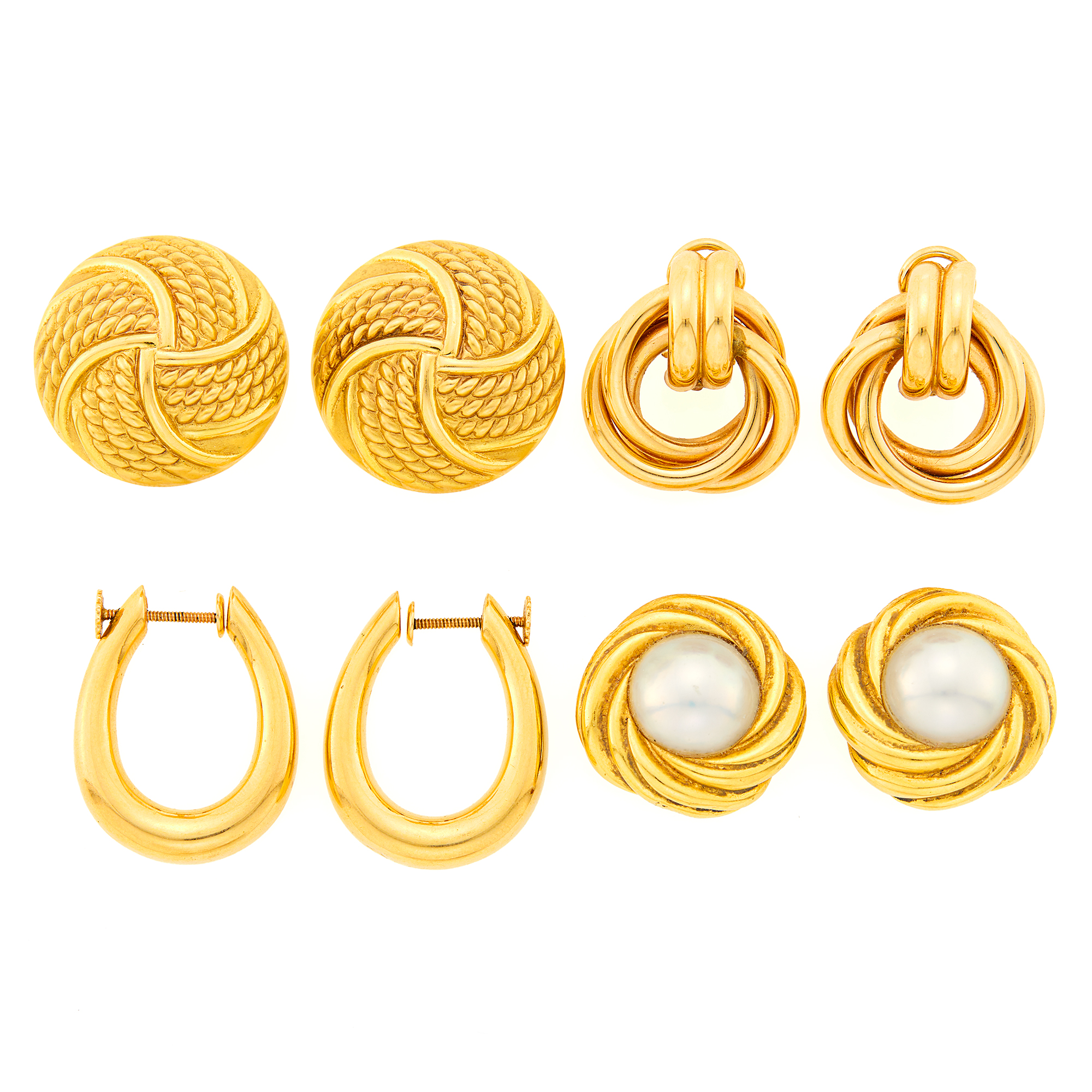 Lot image - Three Pairs of Gold Earclips and Pair of Gold and Mabé Pearl Earclips
