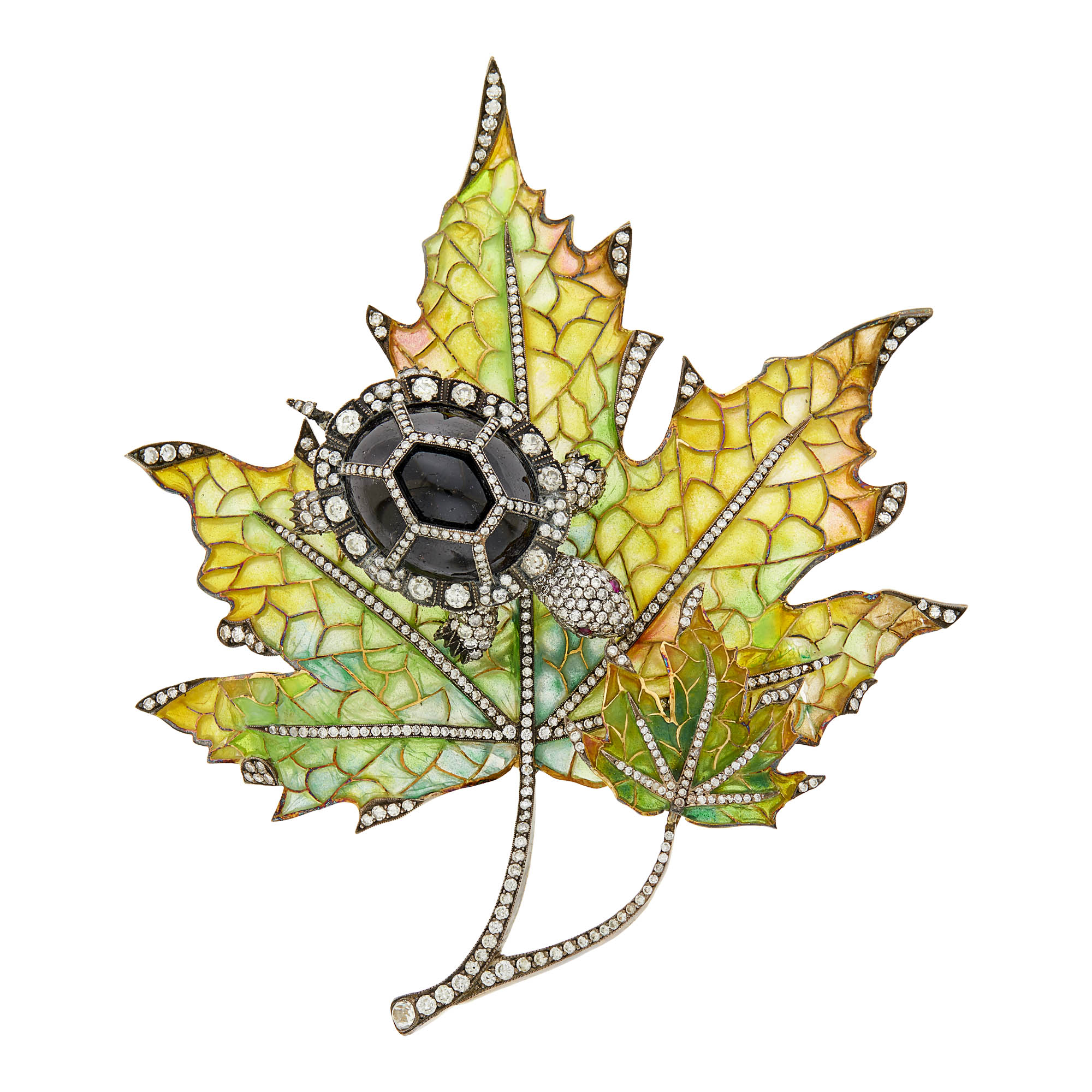 Lot image - Blackened Gold, Plique-à-Jour Enamel, Cabochon Garnet and Diamond Turtle and Leaf Brooch