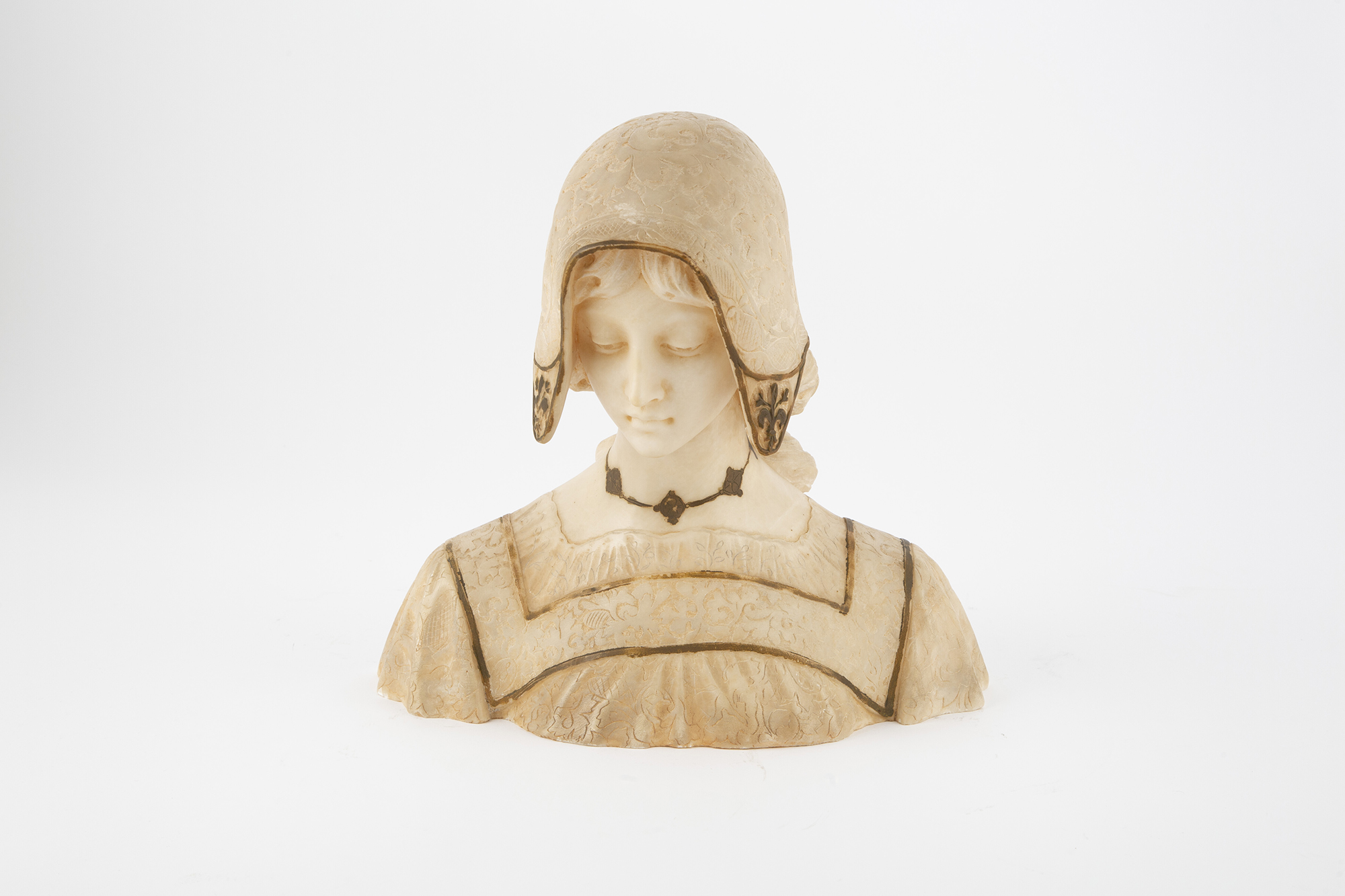 Lot image - Continental Gilt-Decorated Carved Marble Bust of a Young Woman