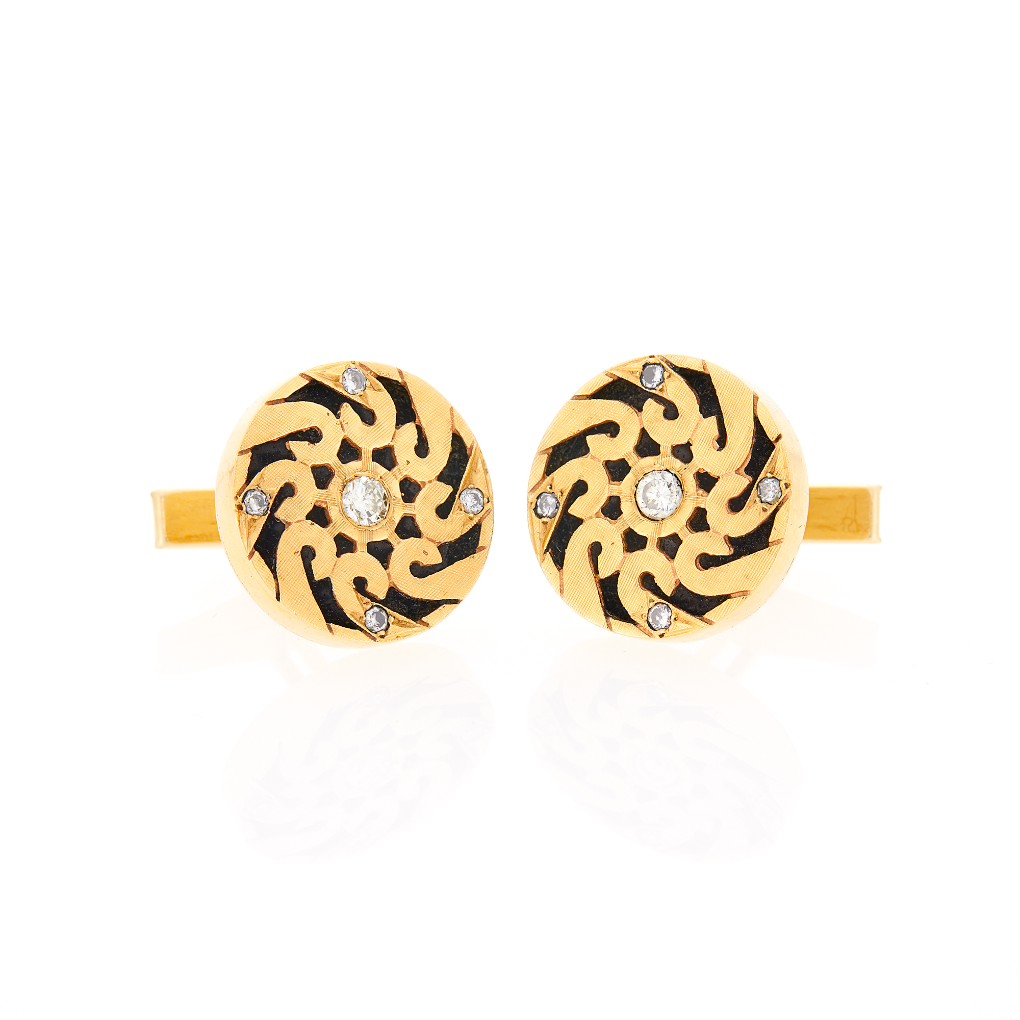 Lot image - Avedon Pair of Gold, Black Onyx and Diamond Cufflinks