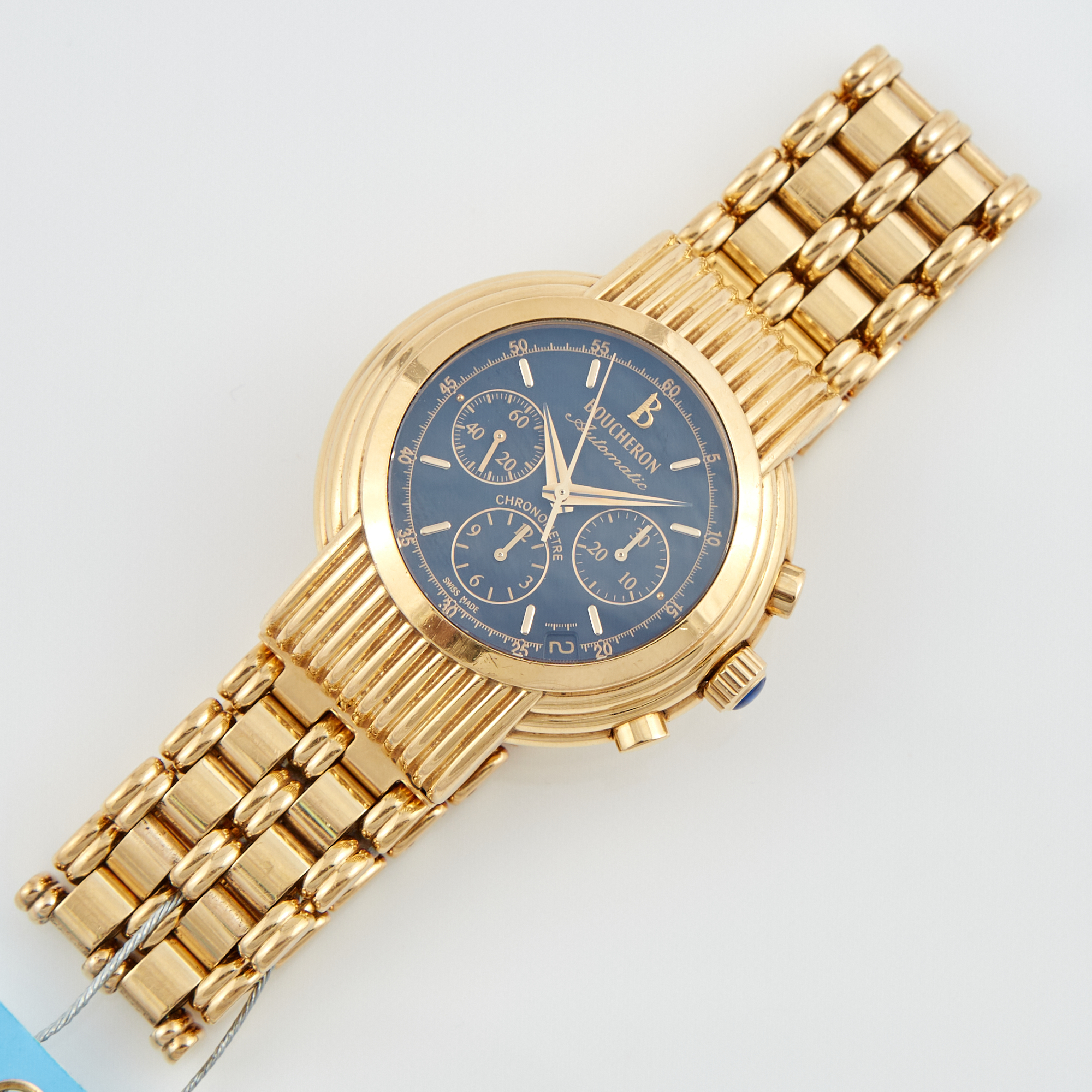 Lot image - Mans Gold and Stone Bracelet Watch, 31 Jewels, Boucheron, 18K 123 dwt. all with box, papers and     extra leather band