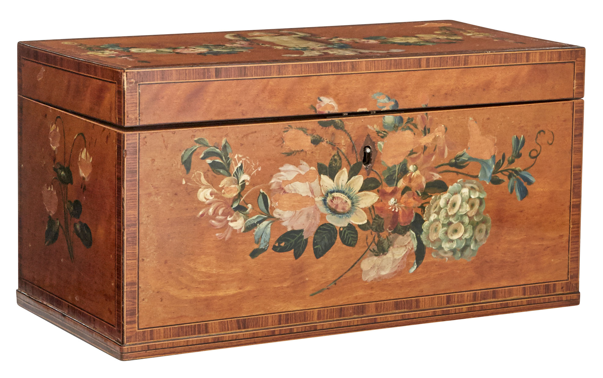 Lot image - George III Painted Satinwood and Tulipwood-Crossbanded Tea Caddy