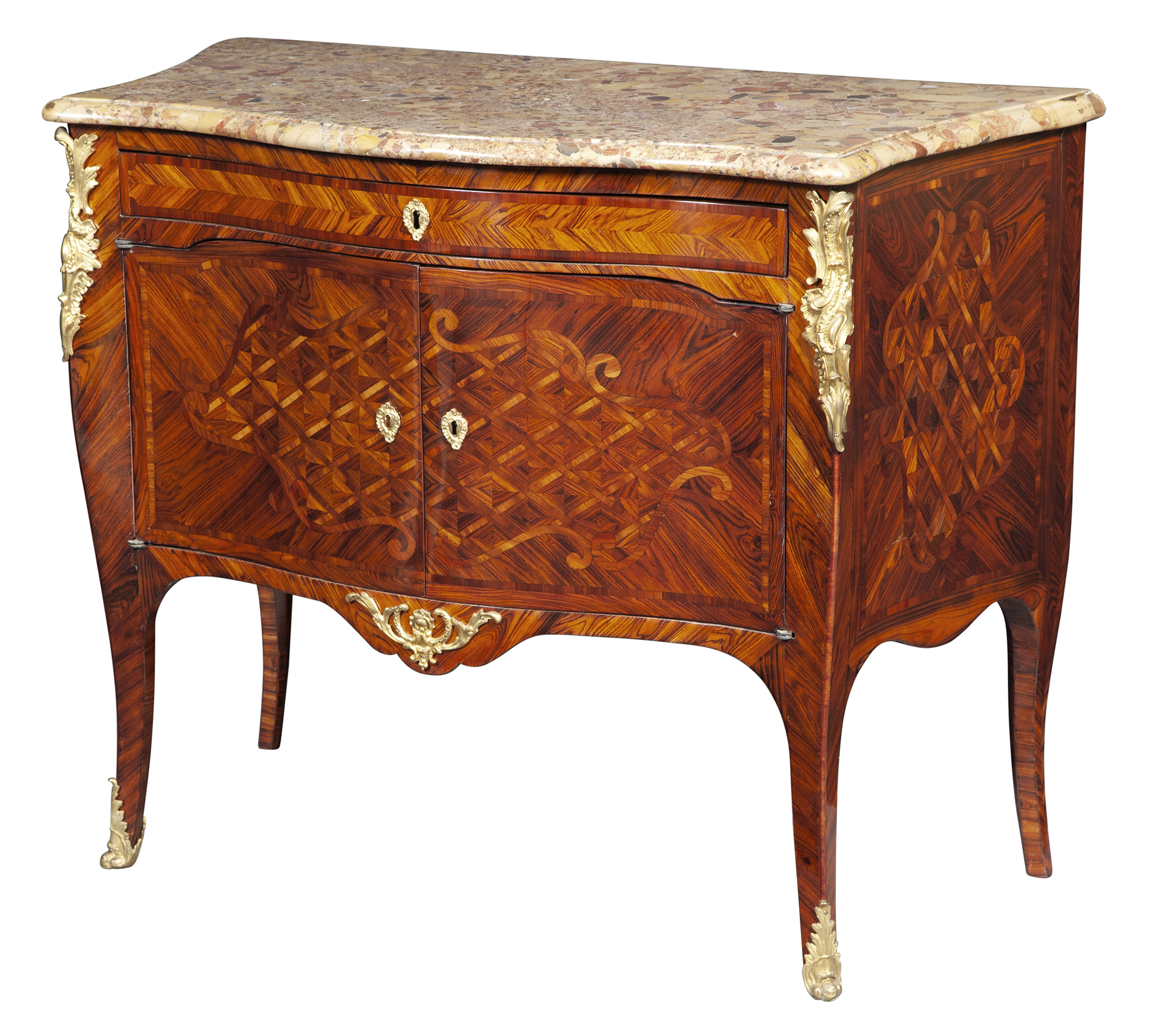 Lot image - Louis XV Tulipwood and Kingwood Marquetry and Ormolu-Mounted Commode à Vantaux by Jean-Baptiste Hédouin