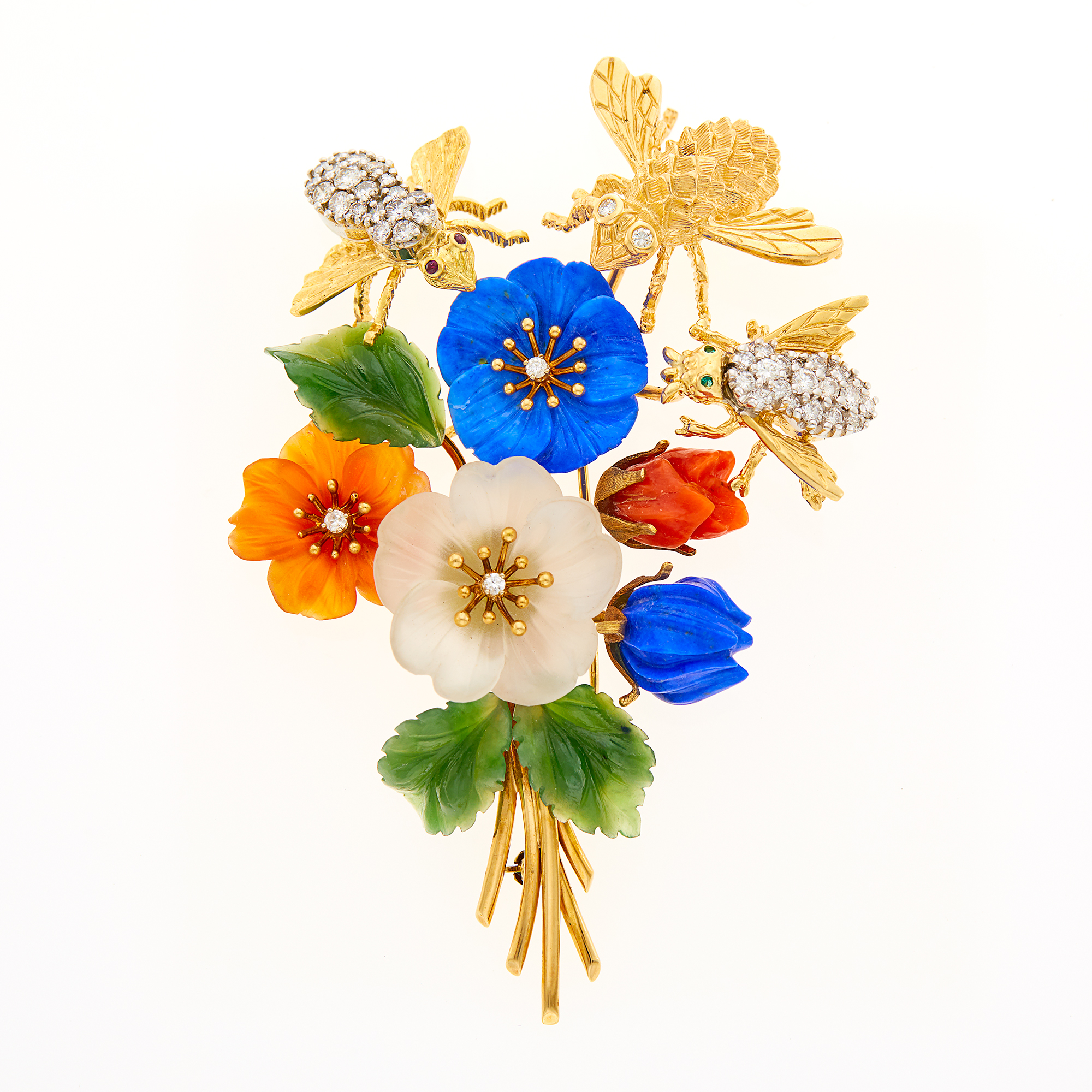 Lot image - Gold, Carved Hardstone and Diamond Bouquet Clip-Brooch