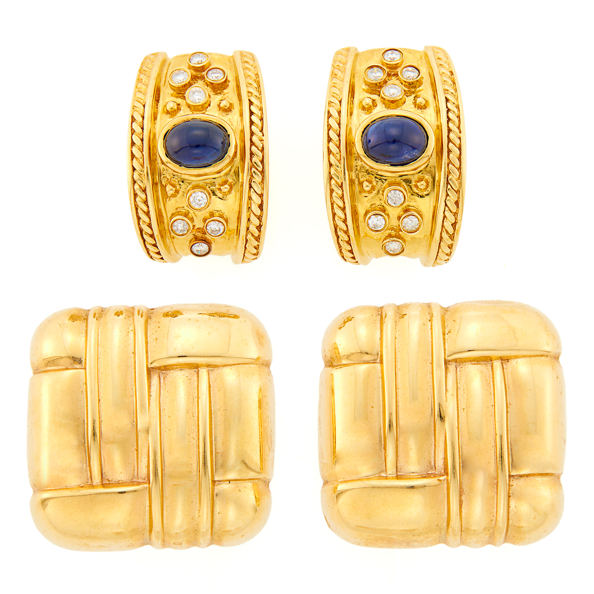 Lot image - Pair of Gold, Cabochon Sapphire and Diamond Earclips and Pair of Earclips