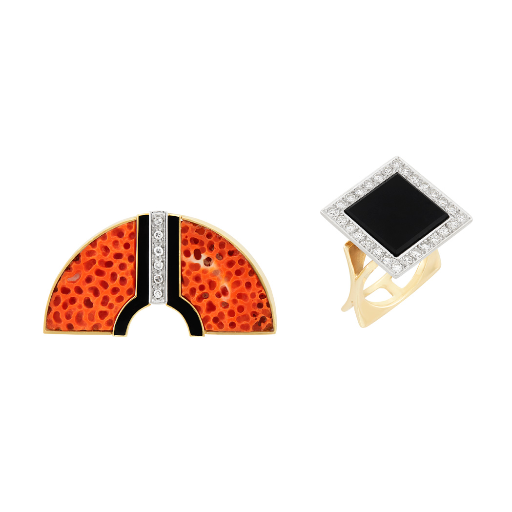 Lot image - Gold, Platinum, Sponge Coral, Black Onyx and Diamond Ring and Brooch