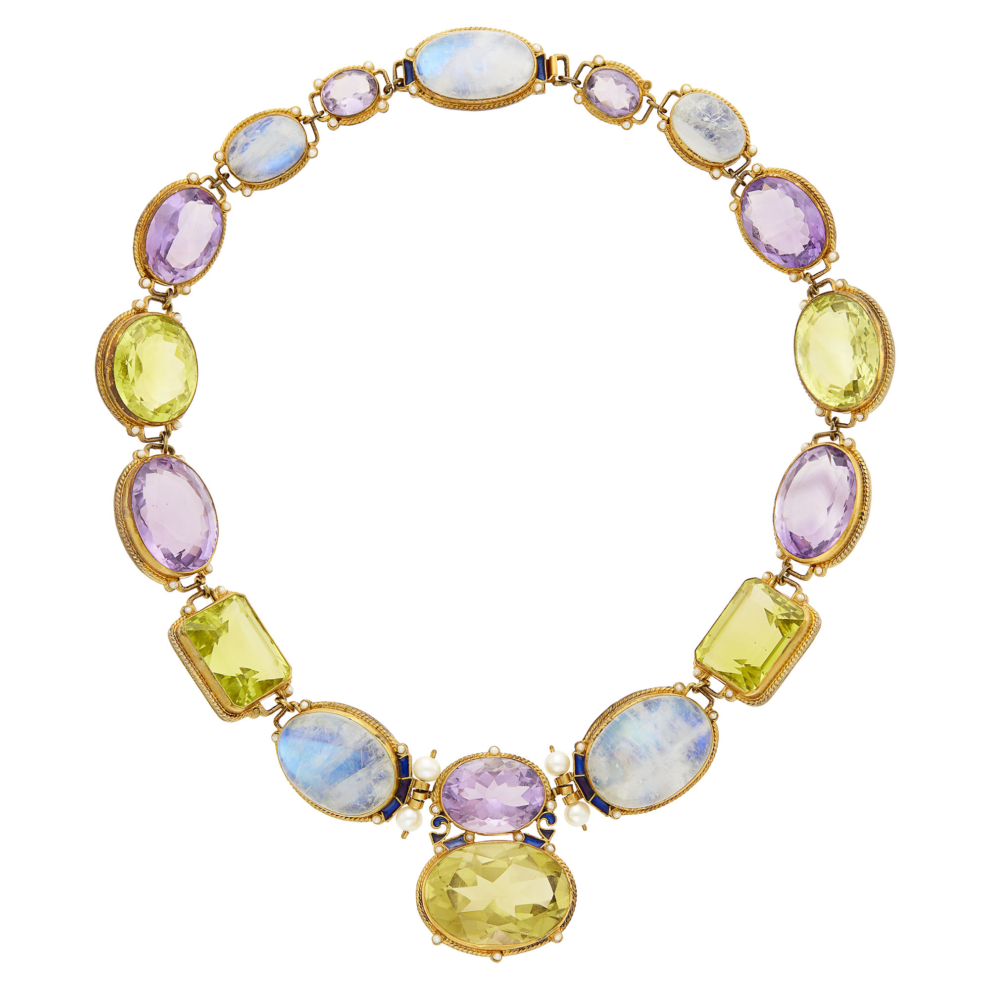 Lot image - Percossi Papi Silver-Gilt, Blue Enamel, Moonstone, Green Quartz, Amethyst and Freshwater Pearl Necklace