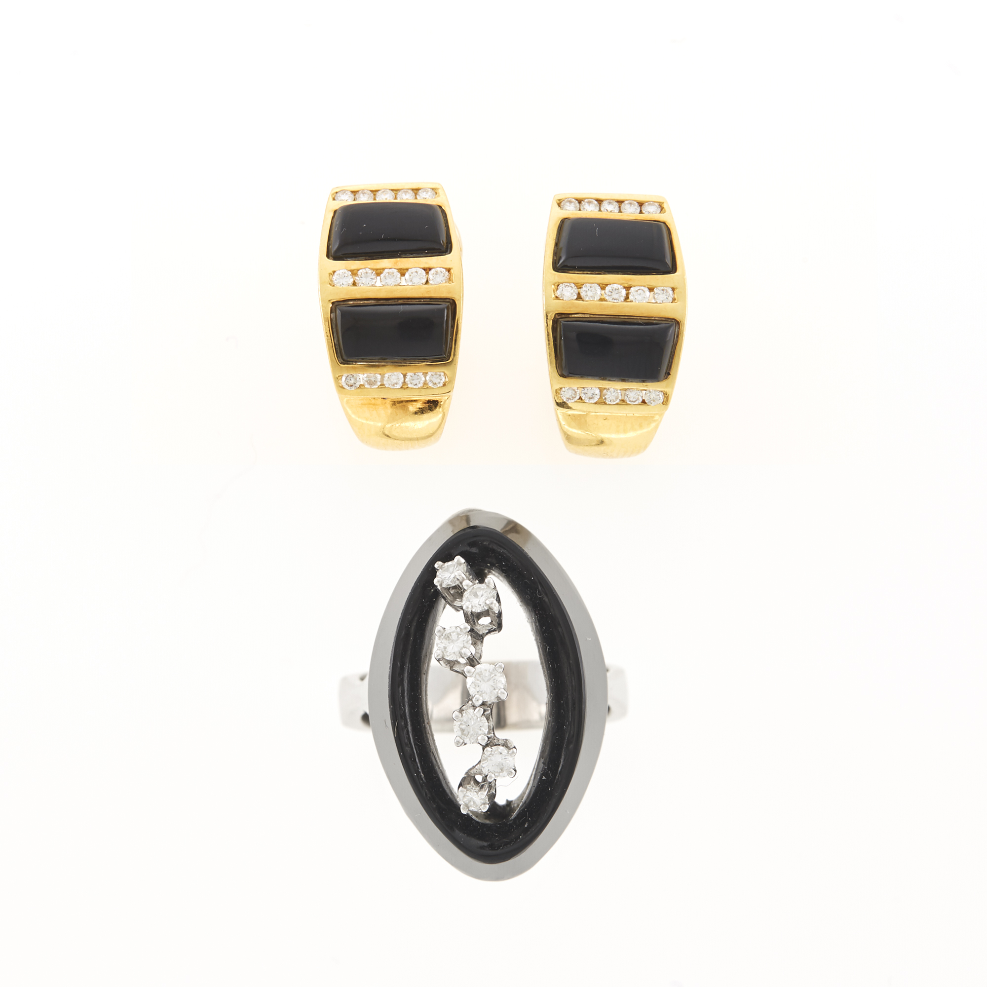 Lot image - White Gold, Black Onyx and Diamond Ring and Pair of Gold, Black Onyx and Diamond Earrings