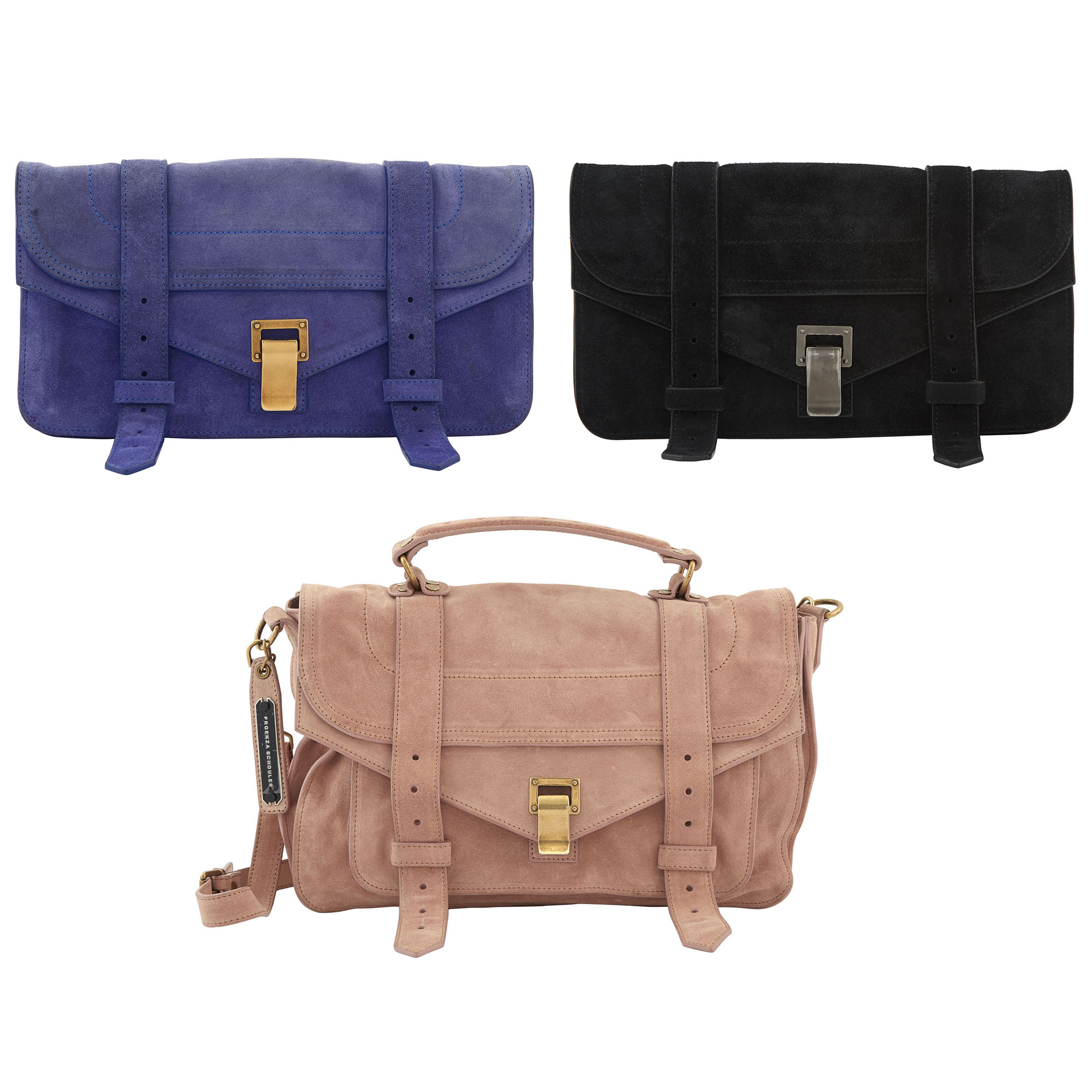 Lot image - Proenza Schouler Suede PS1 Messenger Bag and Two Clutches