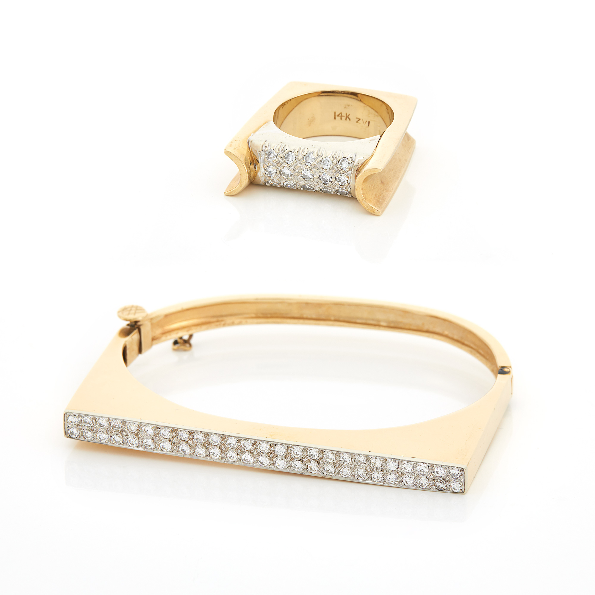Lot image - Two-Color Gold and Diamond Bangle and Ring