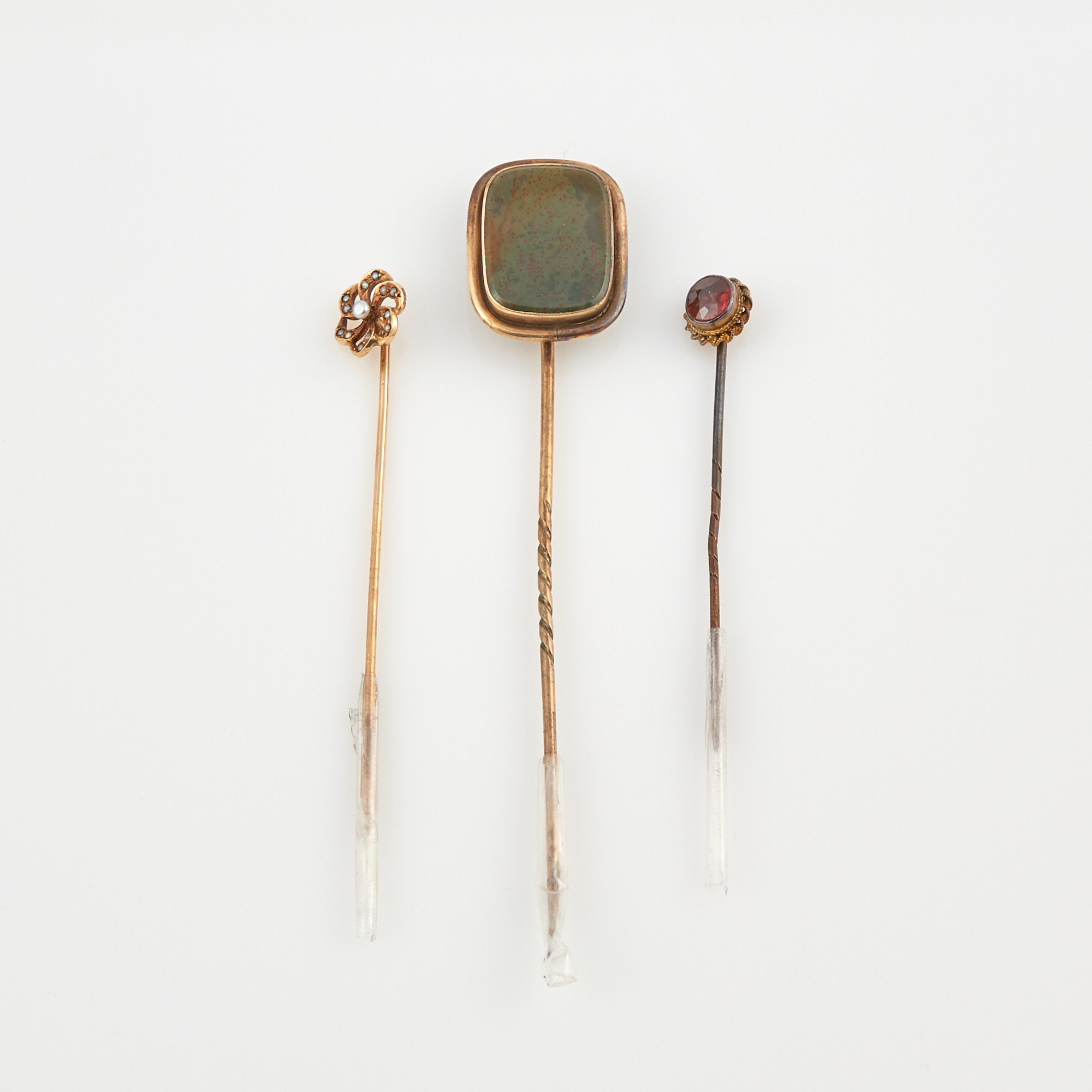 Lot image - Three Gold, Stone and Bead Pins, 14K and 10K 4 dwt. all, damaged