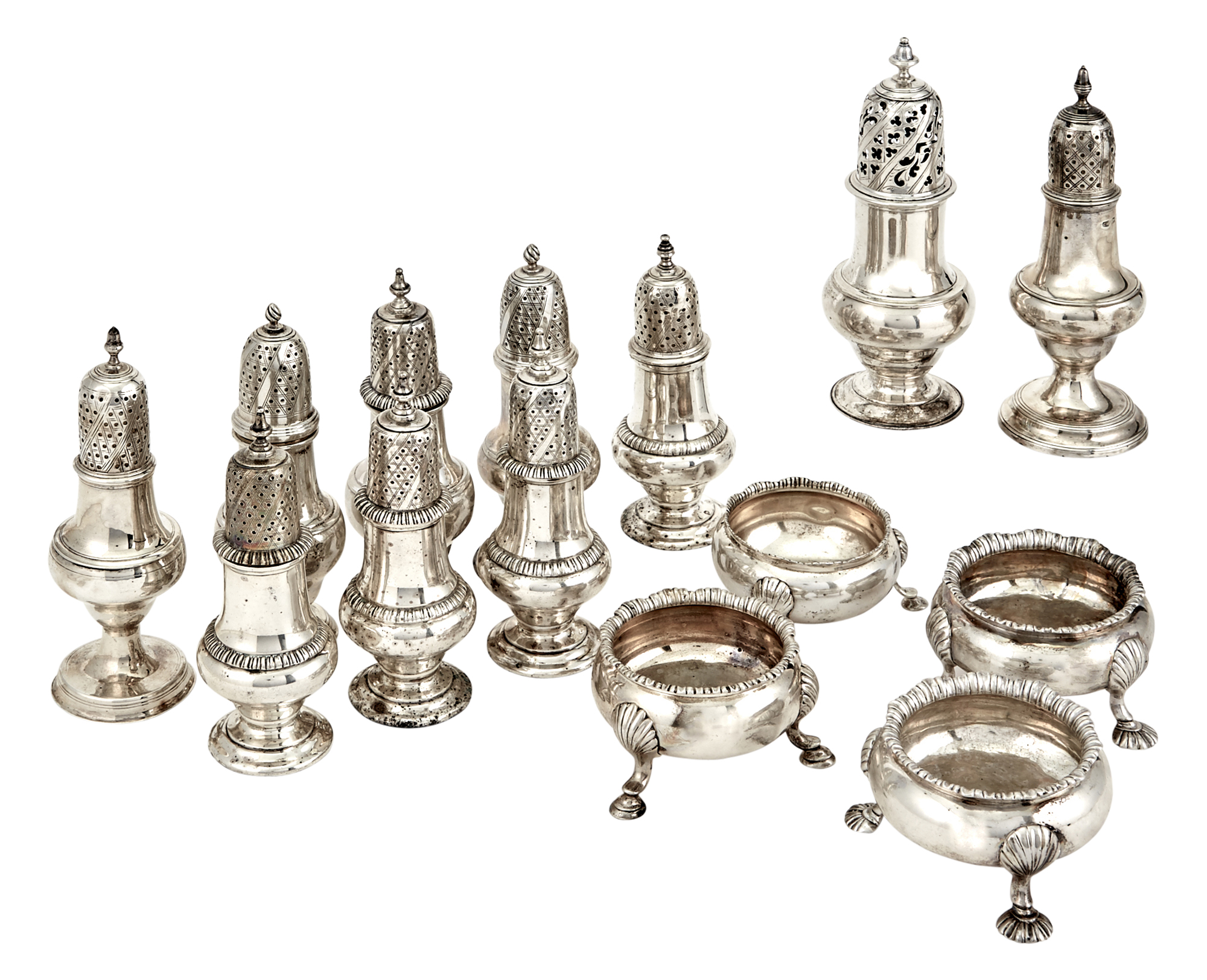 Lot image - Assembled Group of English and American Sterling Silver Open Salts and Pepper Casters
