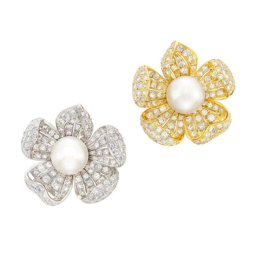 Lot image - Pair of Platinum, Gold-Plated Platinum, South Sea Cultured Pearl and Diamond Flower Brooches