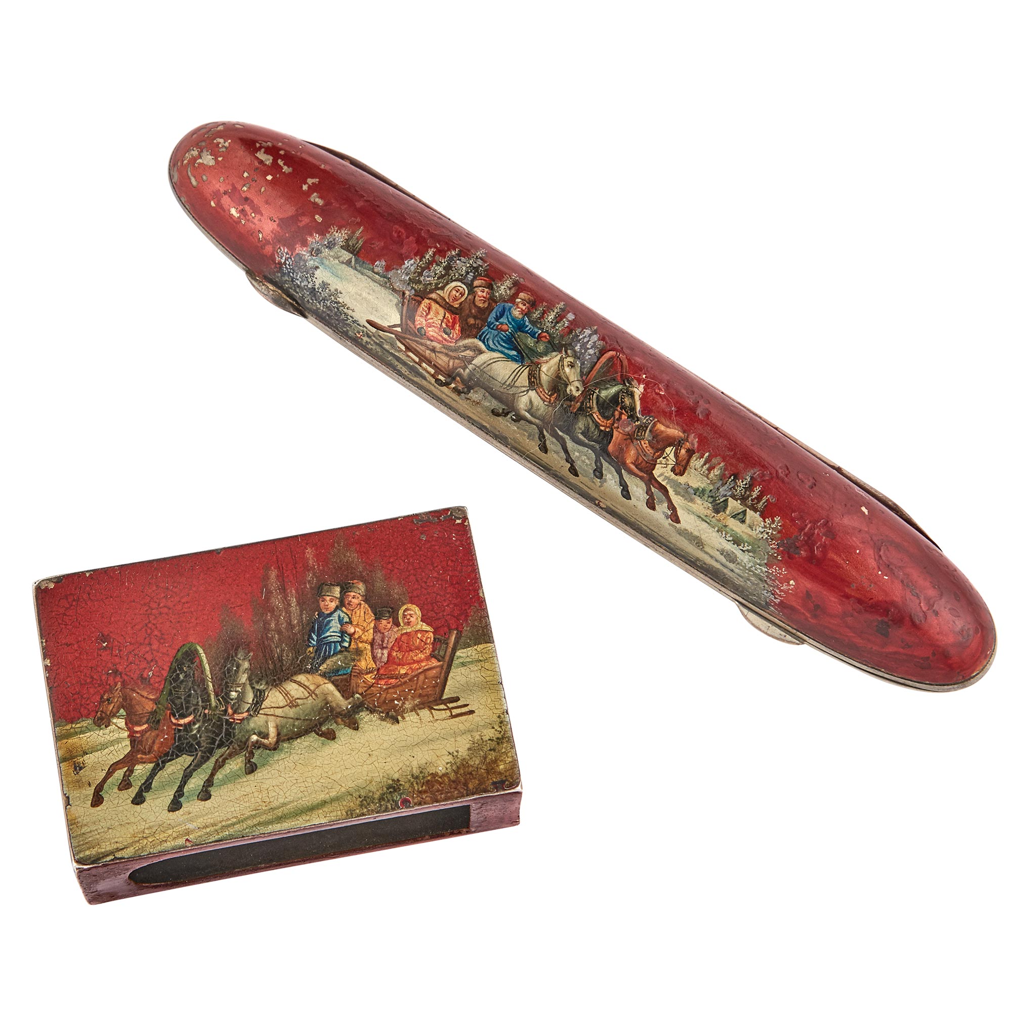 Lot image - Russian Lacquered Silver-Gilt Cigar Case and Match Safe