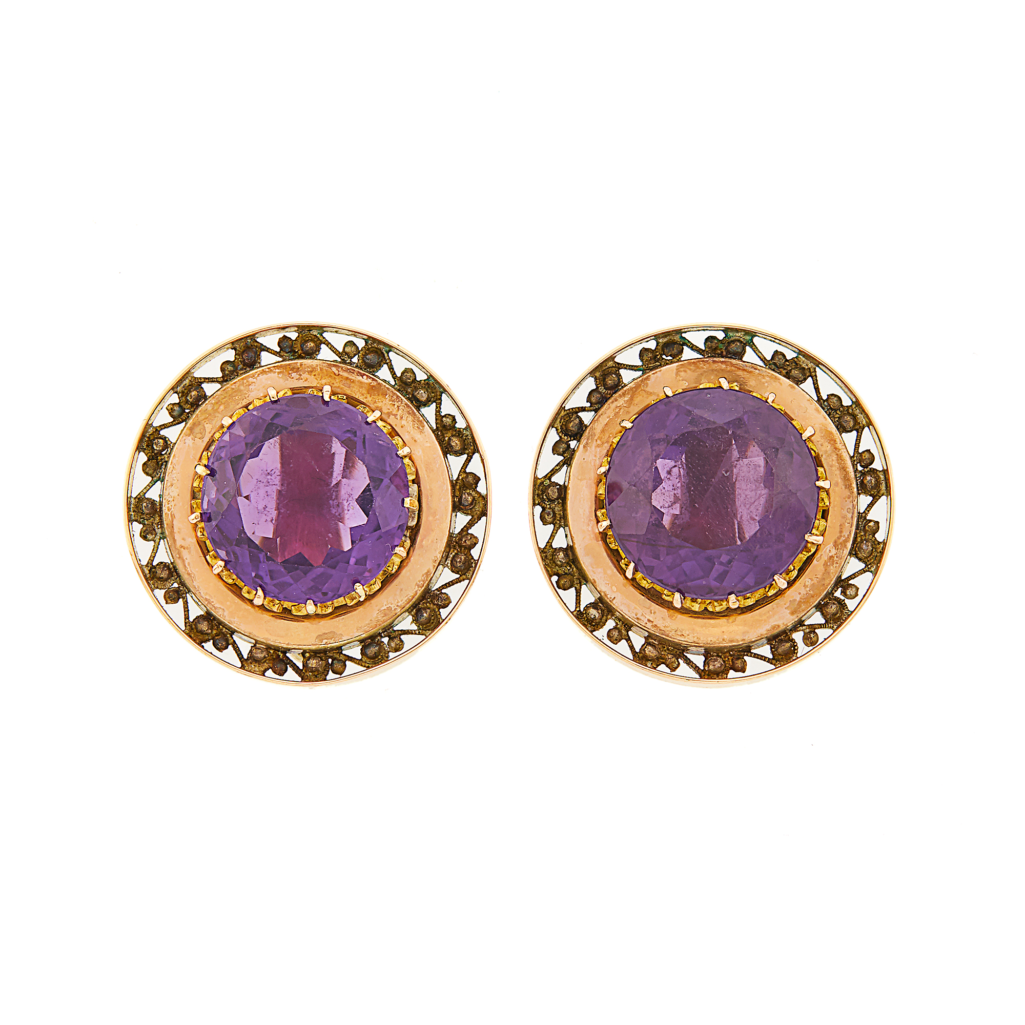 Lot image - Pair of Two-Color Gold and Amethyst Earclips