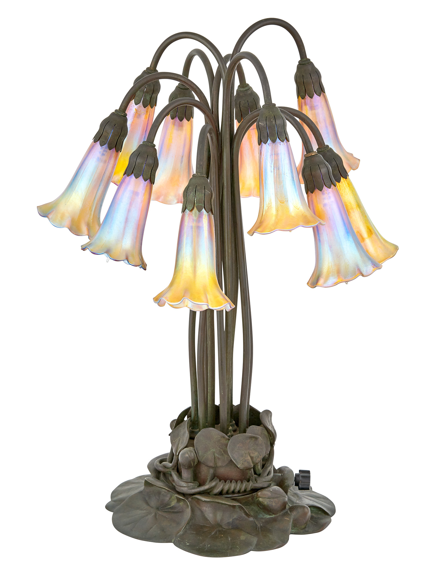 Lot image - Tiffany Studios Bronze and Gold Favrile Glass Ten-Light Pond Lily Lamp