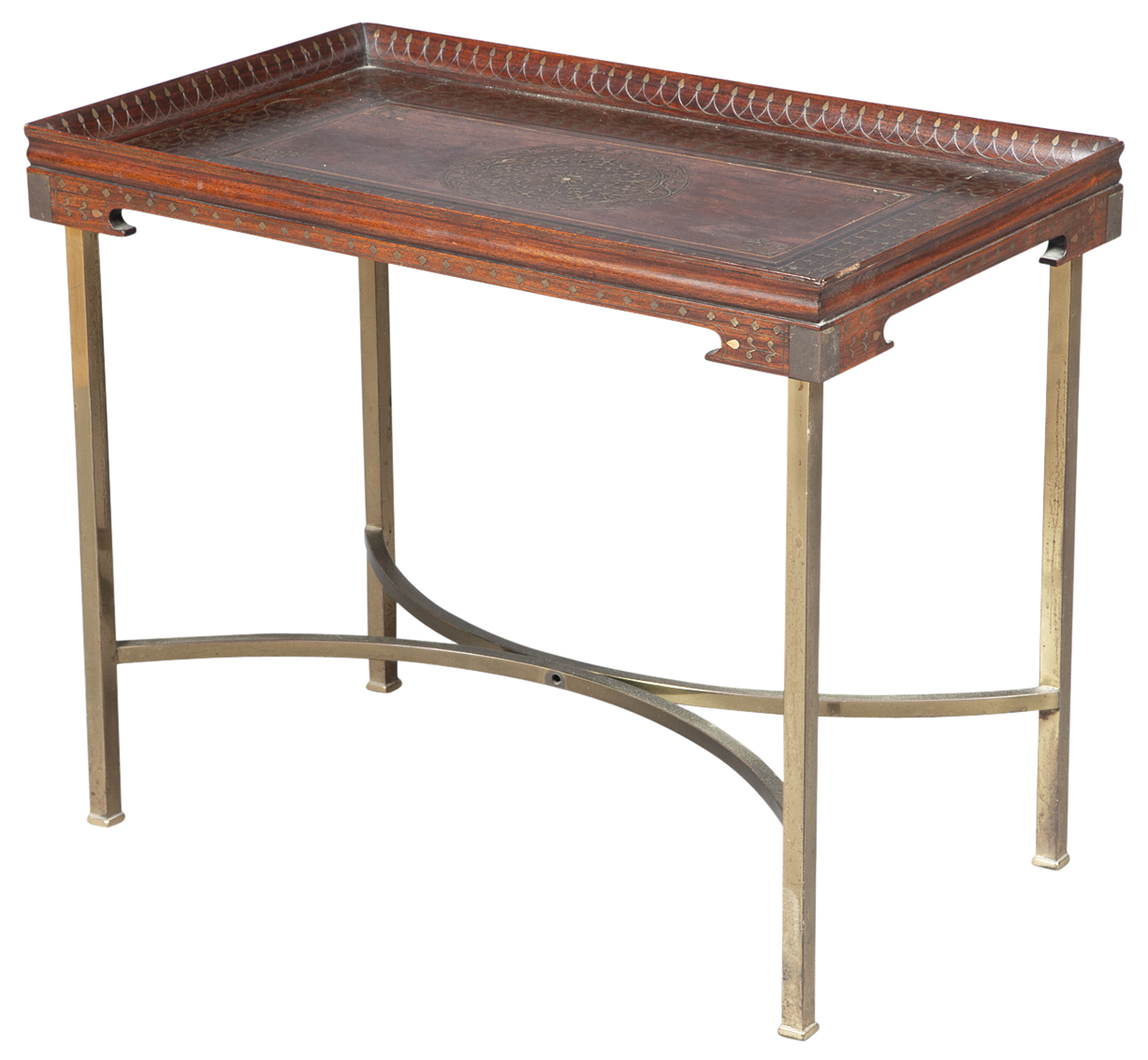 Lot image - Indian Brass and Copper Inlaid Mahogany Tray Table