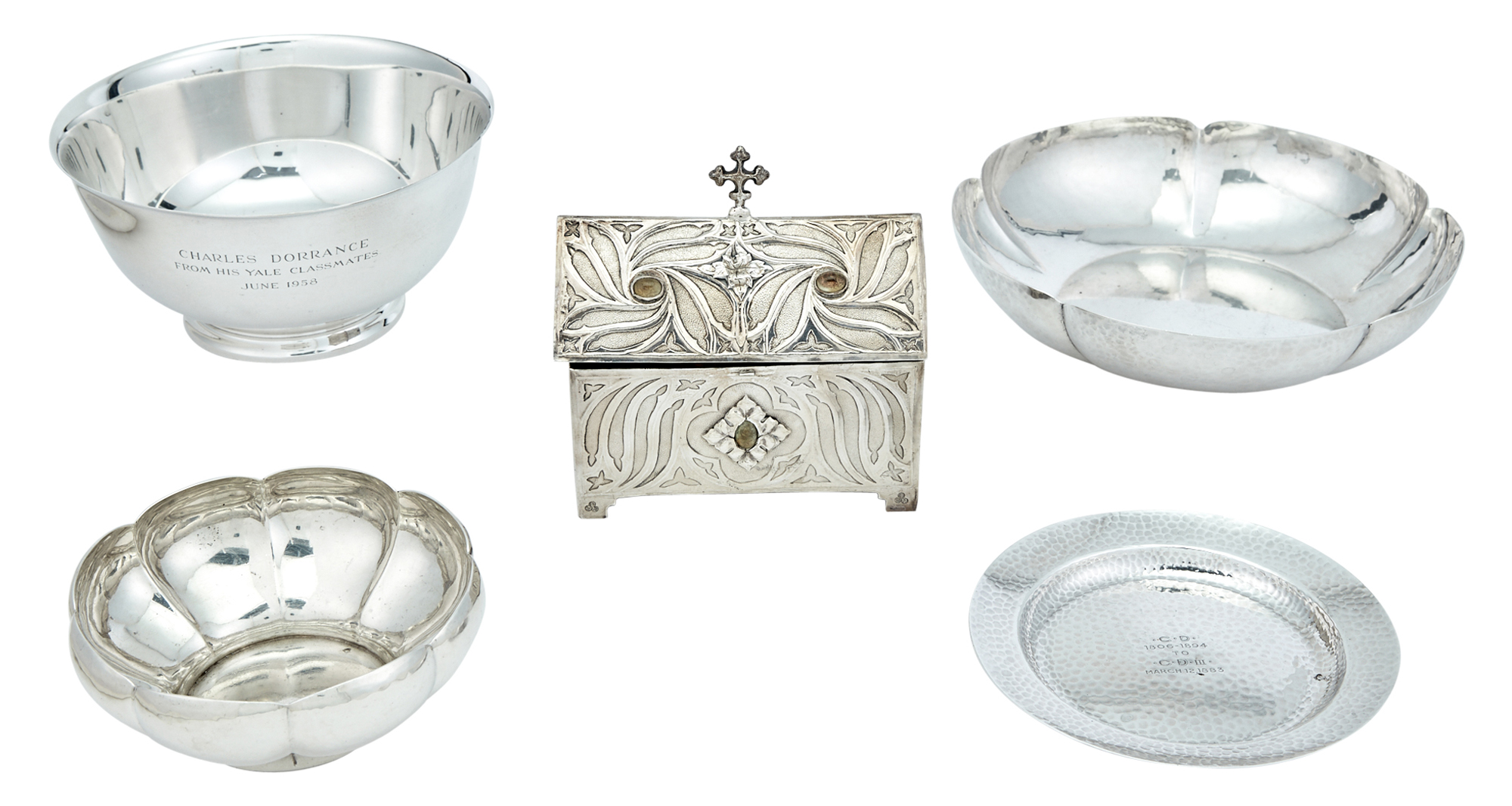 Lot image - Group of Five American Arts and Crafts Sterling Silver Table Articles