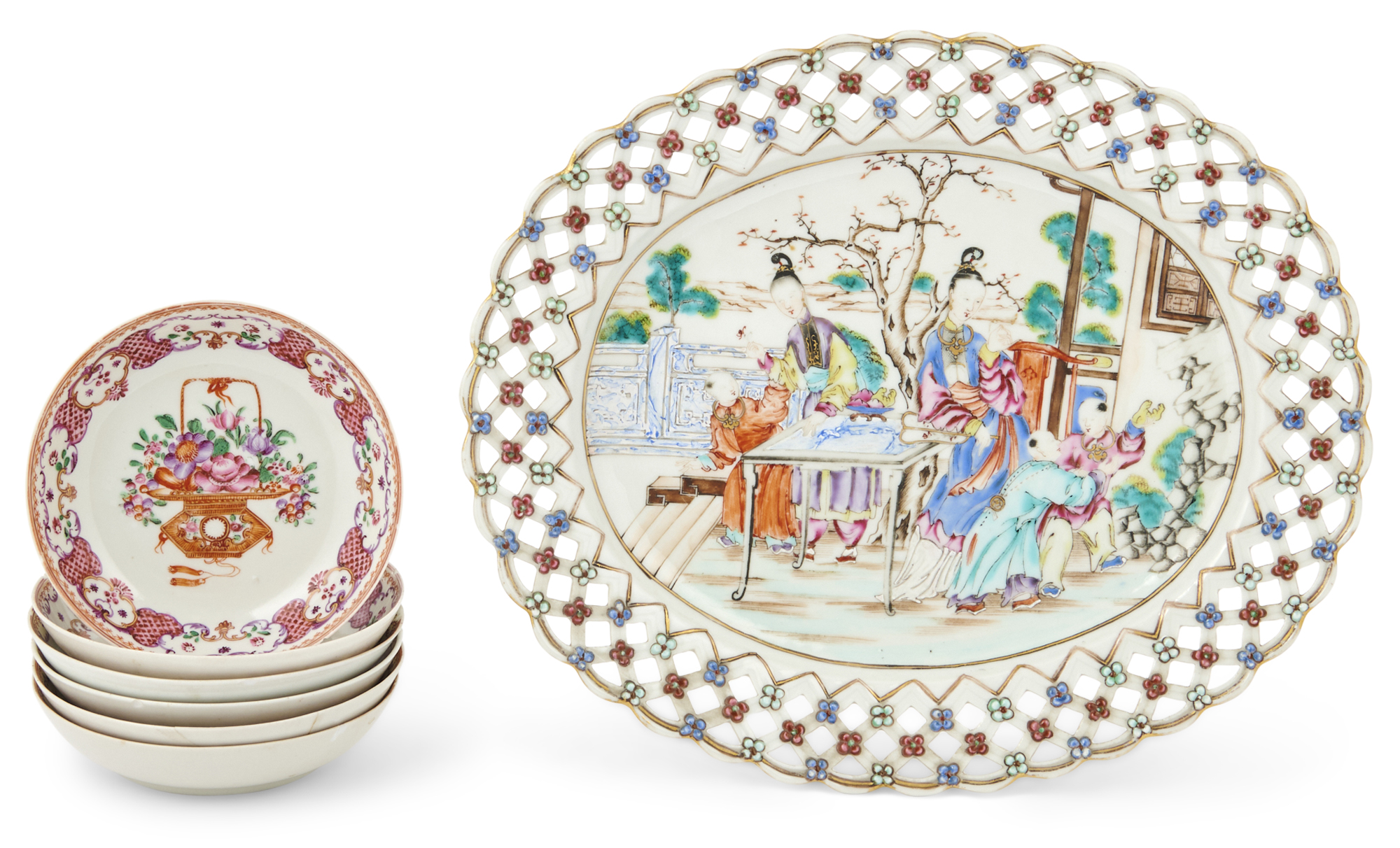 Lot image - Chinese Export Porcelain Basket Stand; Together with Six Chinese Export Porcelain Famille Rose Saucers