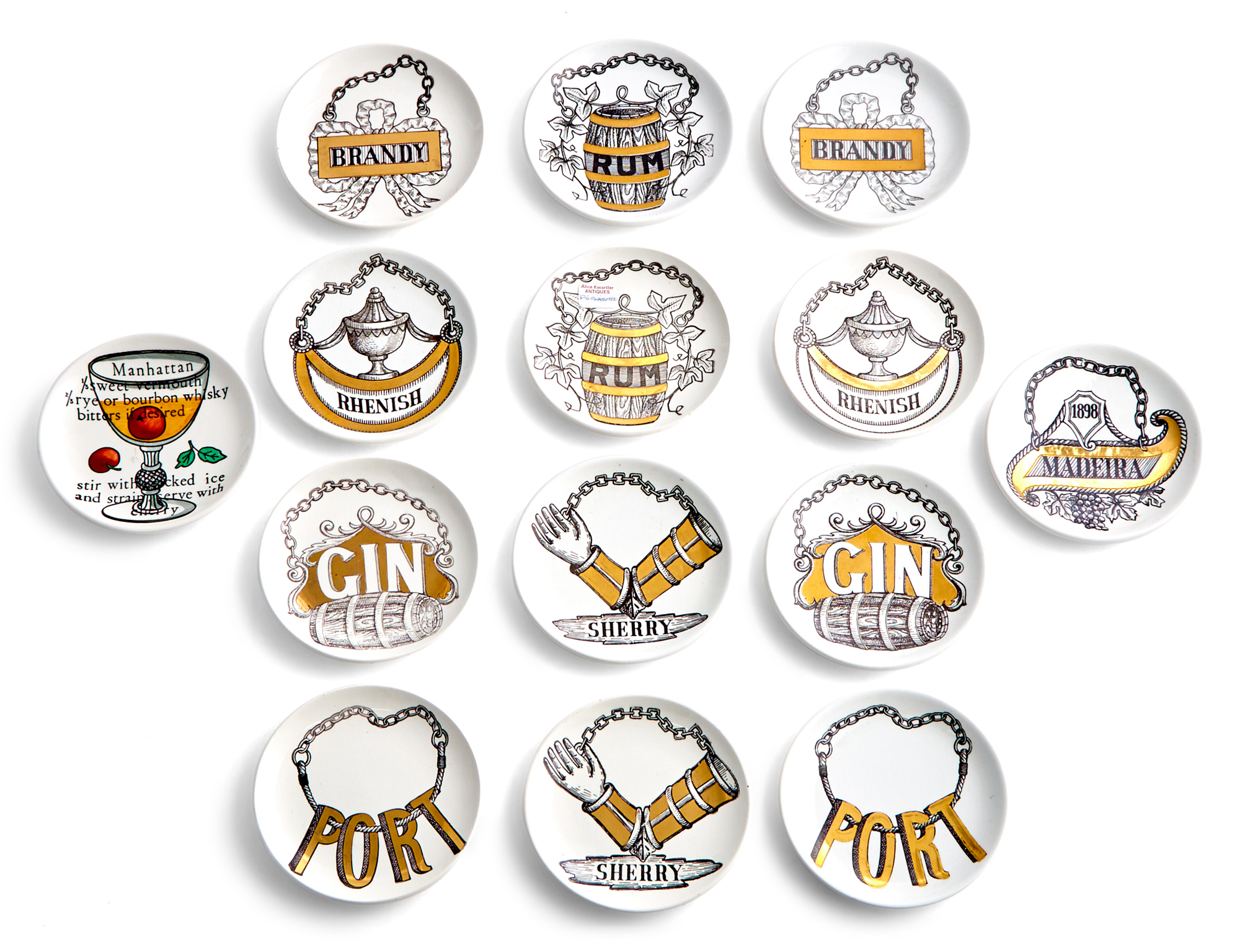 Lot image - Set of Fourteen Piero Fornasetti Porcelain Vini e Liquori