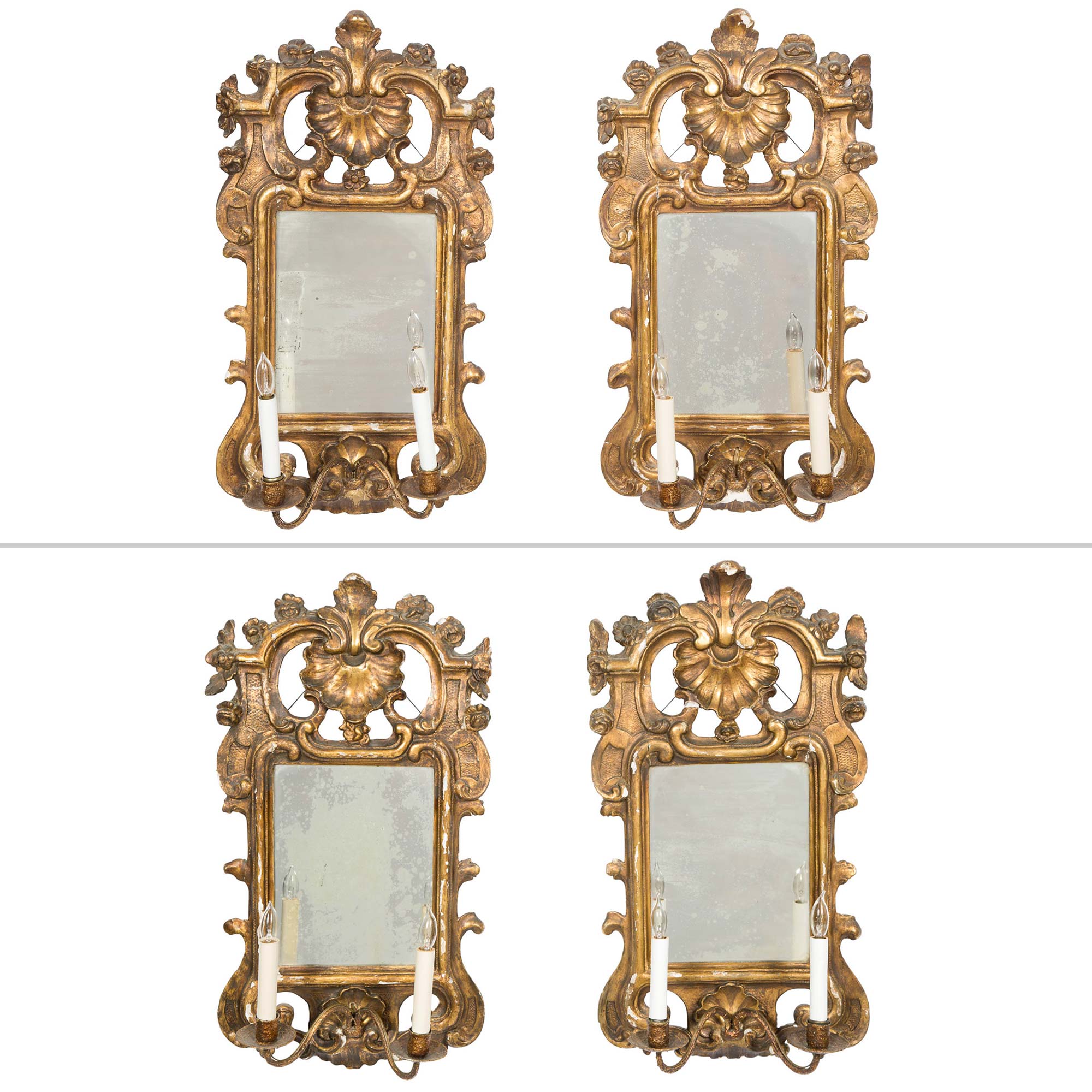 Lot image - Set of Four Italian Giltwood and Gilt-Metal Two-Light Wall Lights