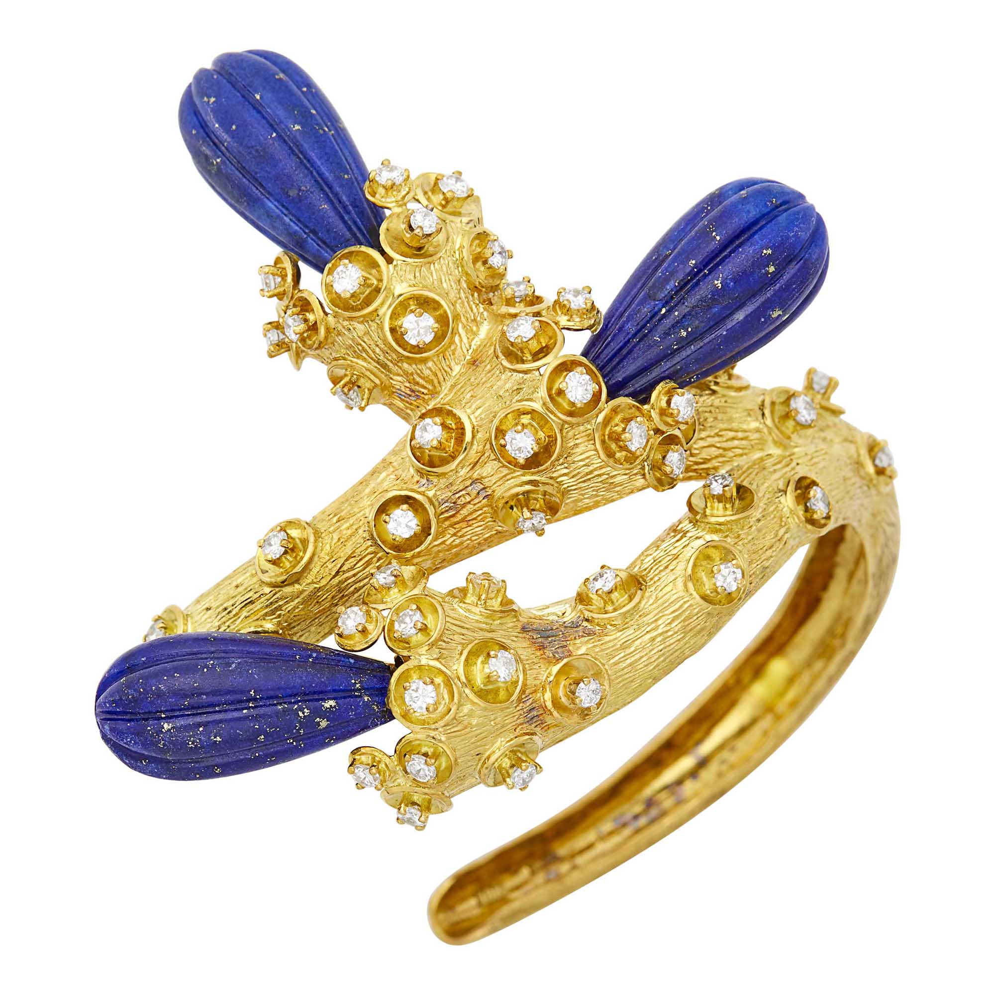 Lot image - Gold, Fluted Lapis and Diamond Bangle Bracelet
