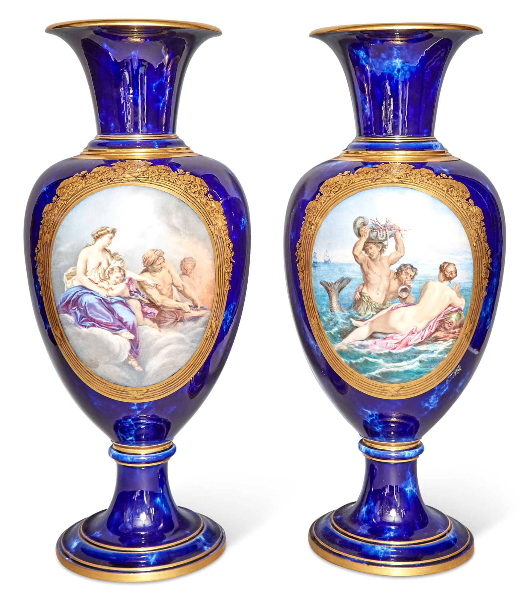 Lot image - Pair of Sèvres Style Gilt-Metal Mounted, Gilt Decorated and Hand-Painted Marbleized Cobalt-Ground Porcelain Large Urns Depicting Mythological Scenes