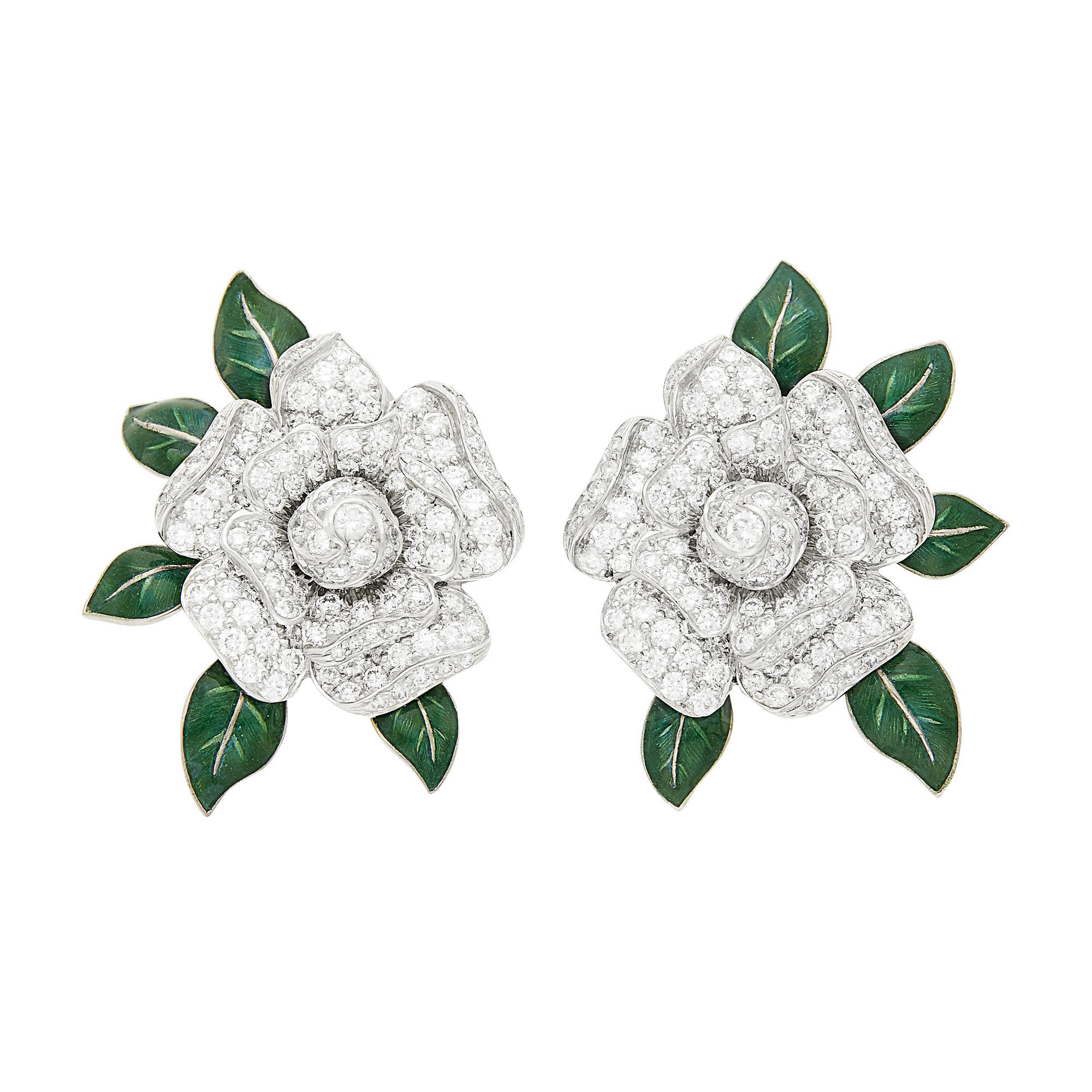 Lot image - Oscar Heyman & Brothers Pair of Platinum, White Gold, Diamond and Green Enamel Gardenia Flower Earclips