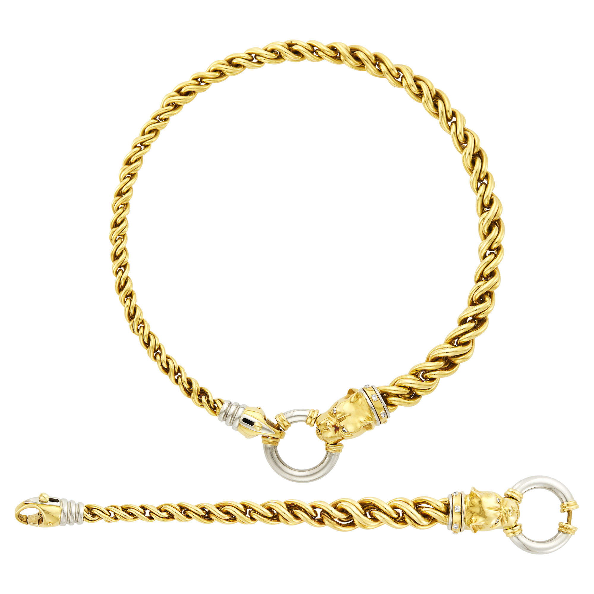Lot image - Braided Two-Color Gold and Diamond Panther Head Necklace and Bracelet