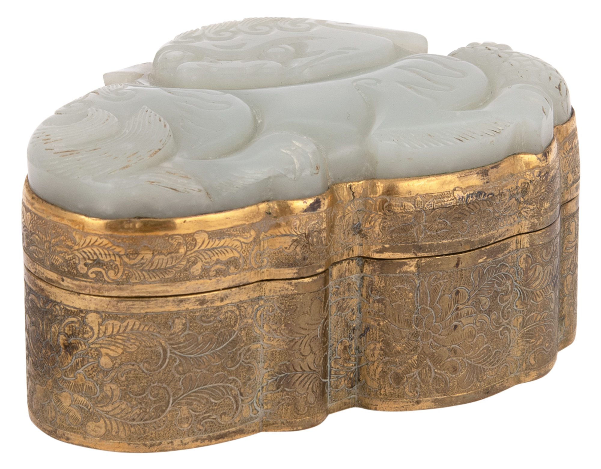 Lot image - A Chinese Gilt Bronze and White Jade Box