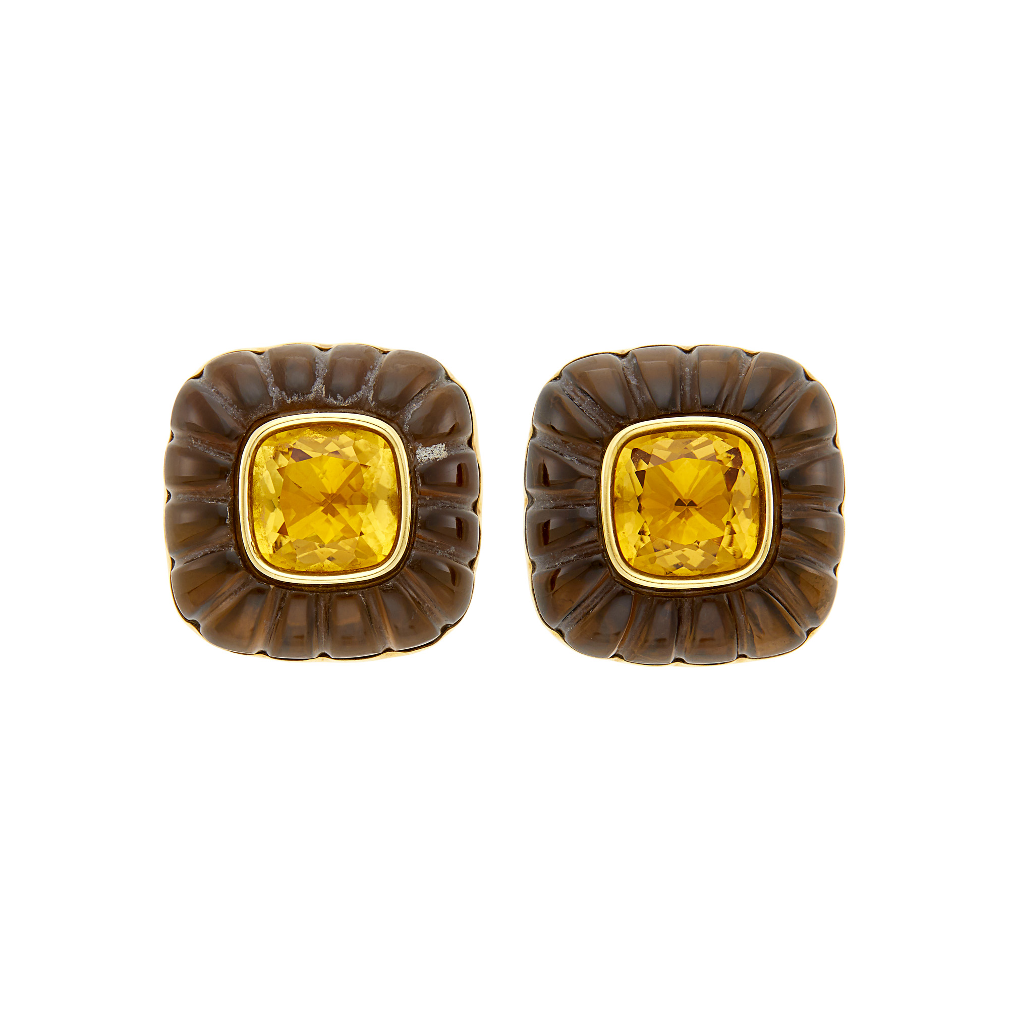 Lot image - Trianon Pair of Gold, Citrine and Carved Smoky Quartz Earclips