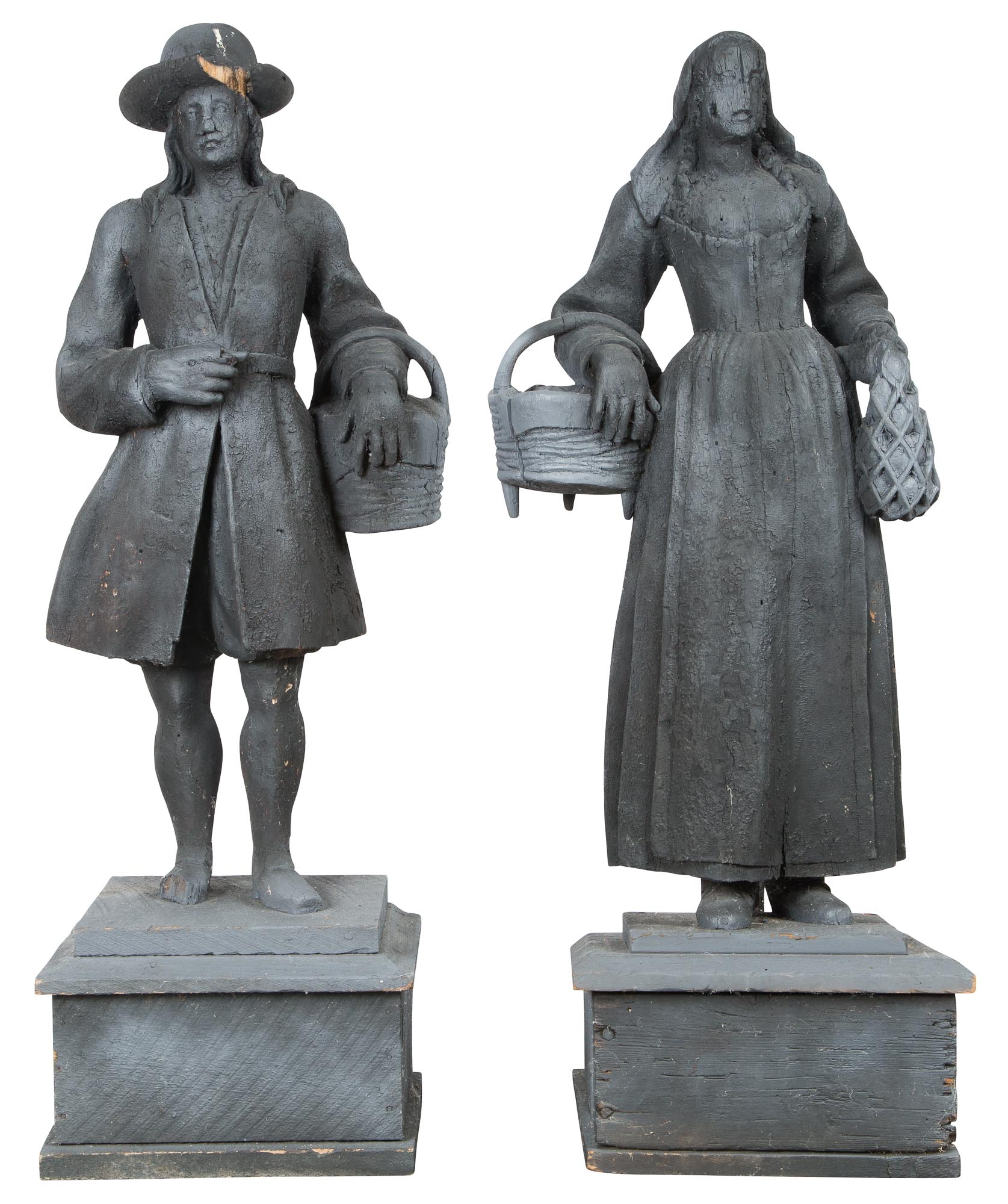 Lot image - Pair of Black-Painted Wood Figures of a Man and Woman