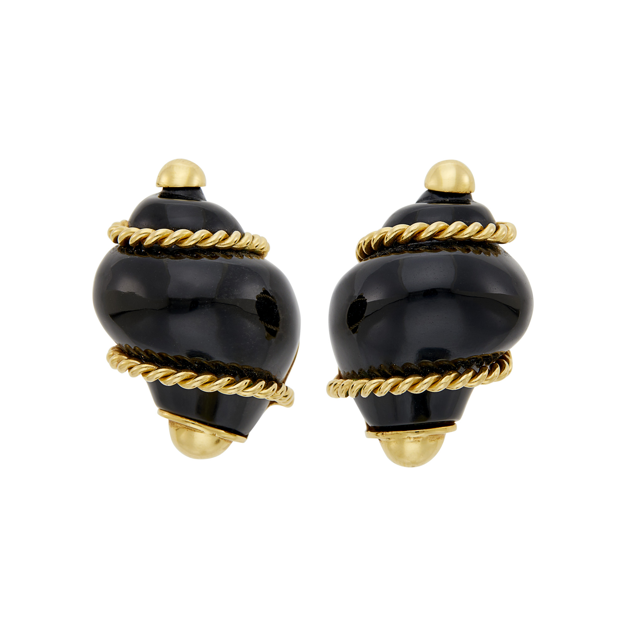 Lot image - Seaman Schepps Pair of Gold and Black Onyx Shell Earclips