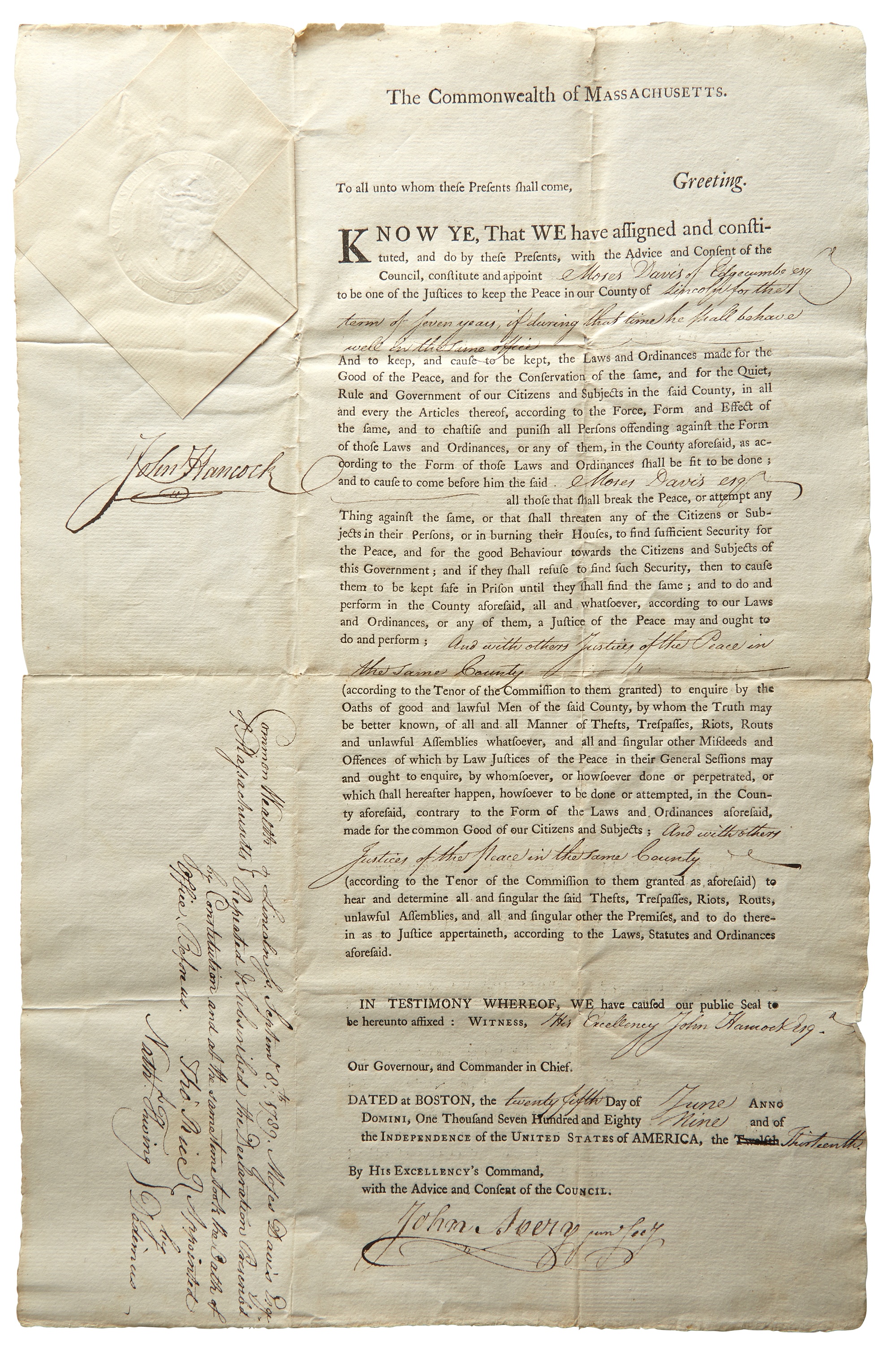 Lot image - HANCOCK, JOHN  Document signed.