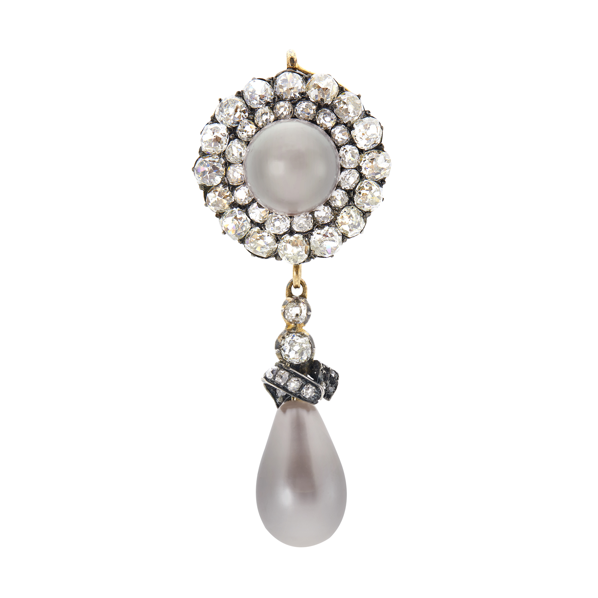 Lot image - Antique Silver, Gold, Natural Gray Pearl and Diamond Pendant-Brooch