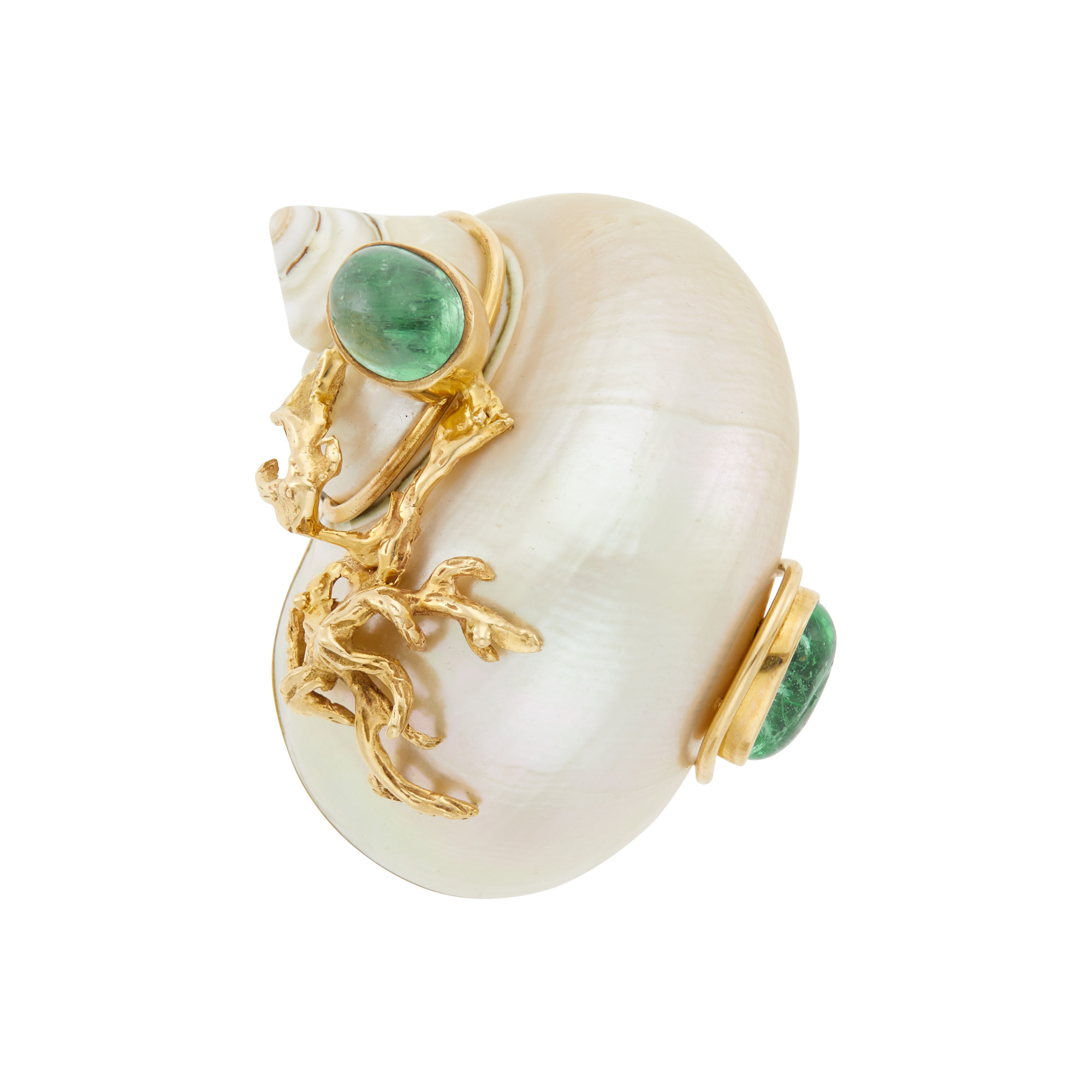 Lot image - Seaman Schepps Gold, Shell and Cabochon Emerald Clip-Brooch