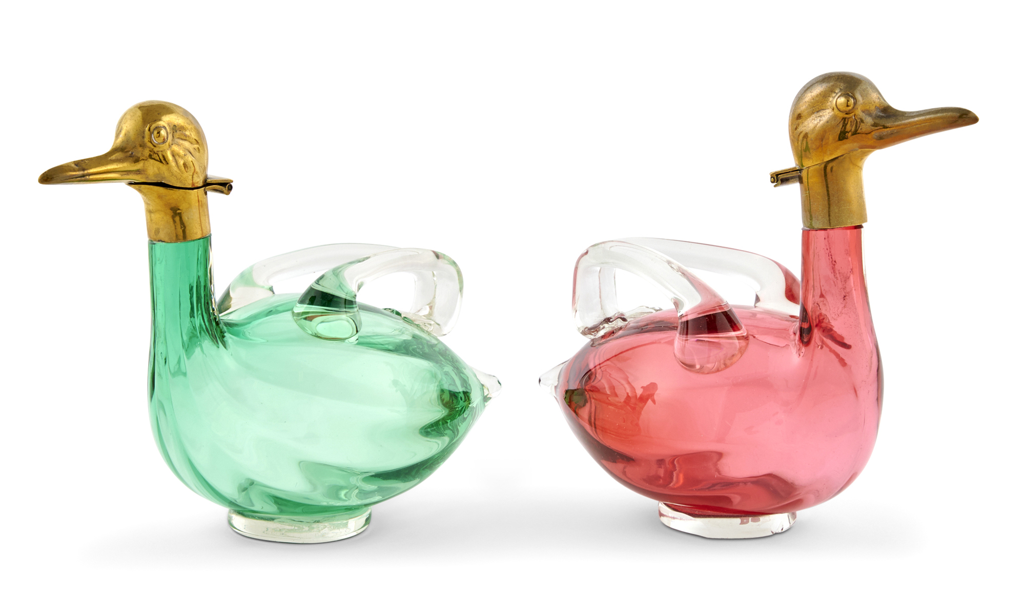 Lot image - Two Continental Novelty Brass and Colored Glass Bird Form Decanters